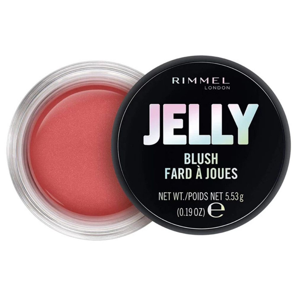 Runder Behälter mit rosa Jelly Rouge. Schwarzer Deckel mit "JELLY BLUSH" und Marke Rimmel London. Netto 5.53g.