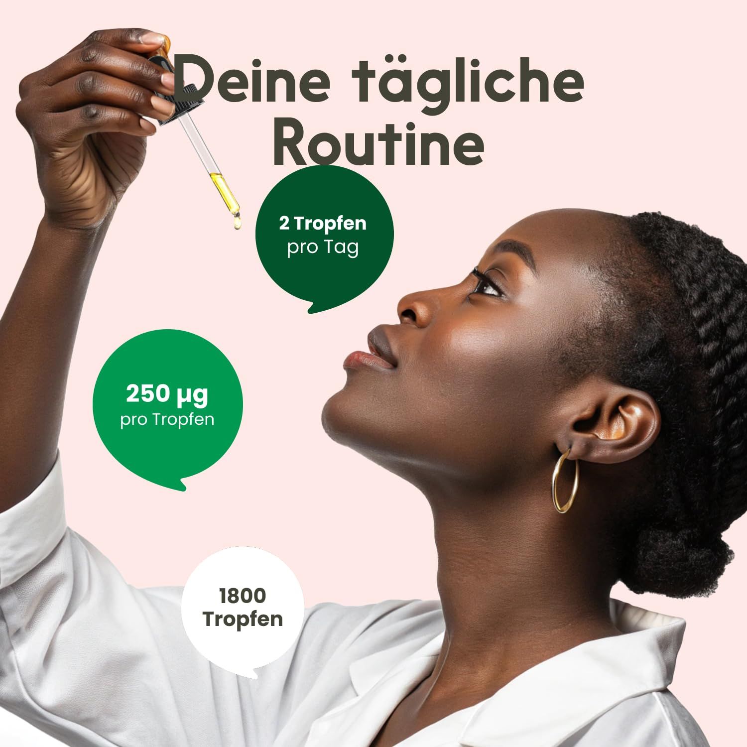 Frau mit Pipette. Text: "Deine tägliche Routine", "2 Tropfen pro Tag", "250 µg pro Tropfen", "1800 Tropfen".