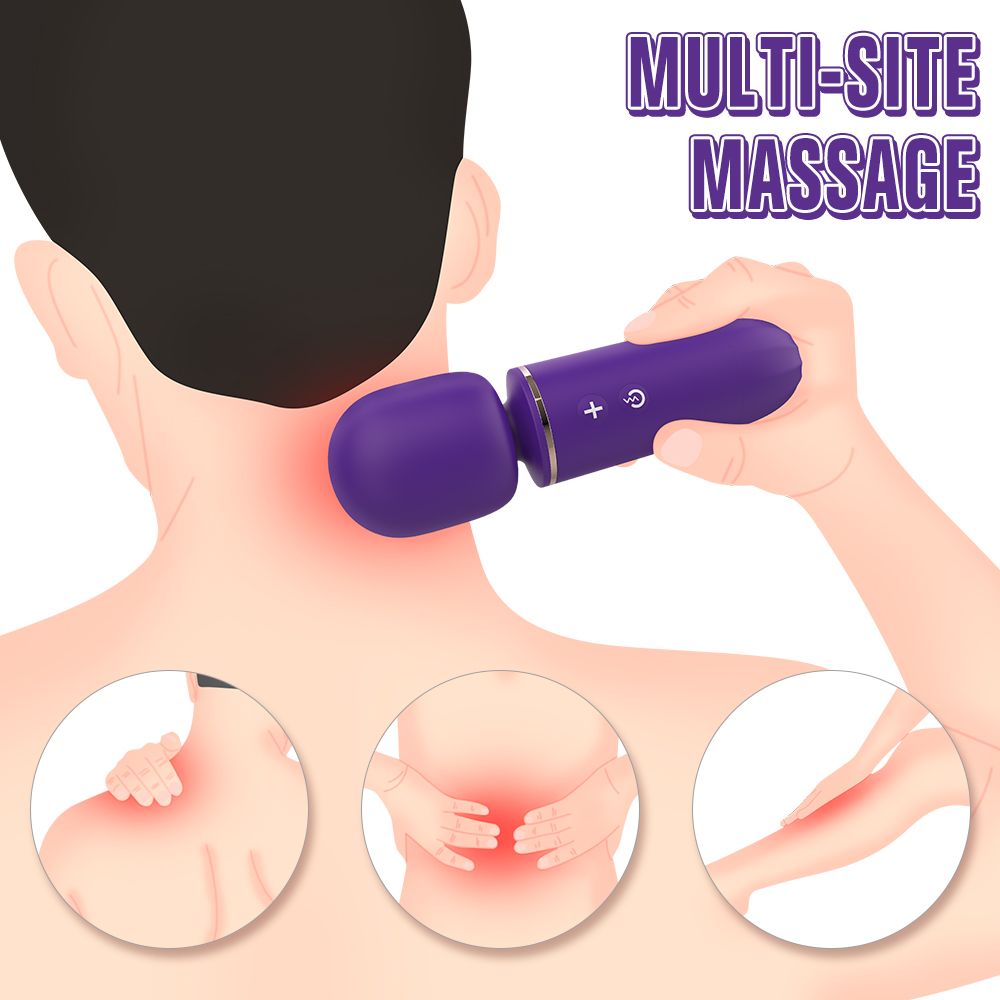 Person zeigt Massagegerät am Nacken. Illustrationen: Schulter, Rücken, Arm. Für Multi-Site-Massage.