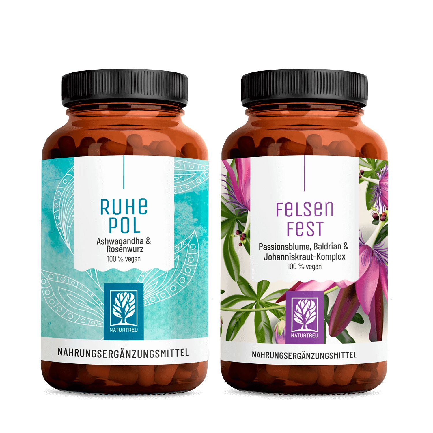 Zwei braune Flaschen mit schwarzen Deckeln. Auf den Etiketten steht "RUHE POL" und "FELSEN FEST". Beide haben das NATURTREU Logo.