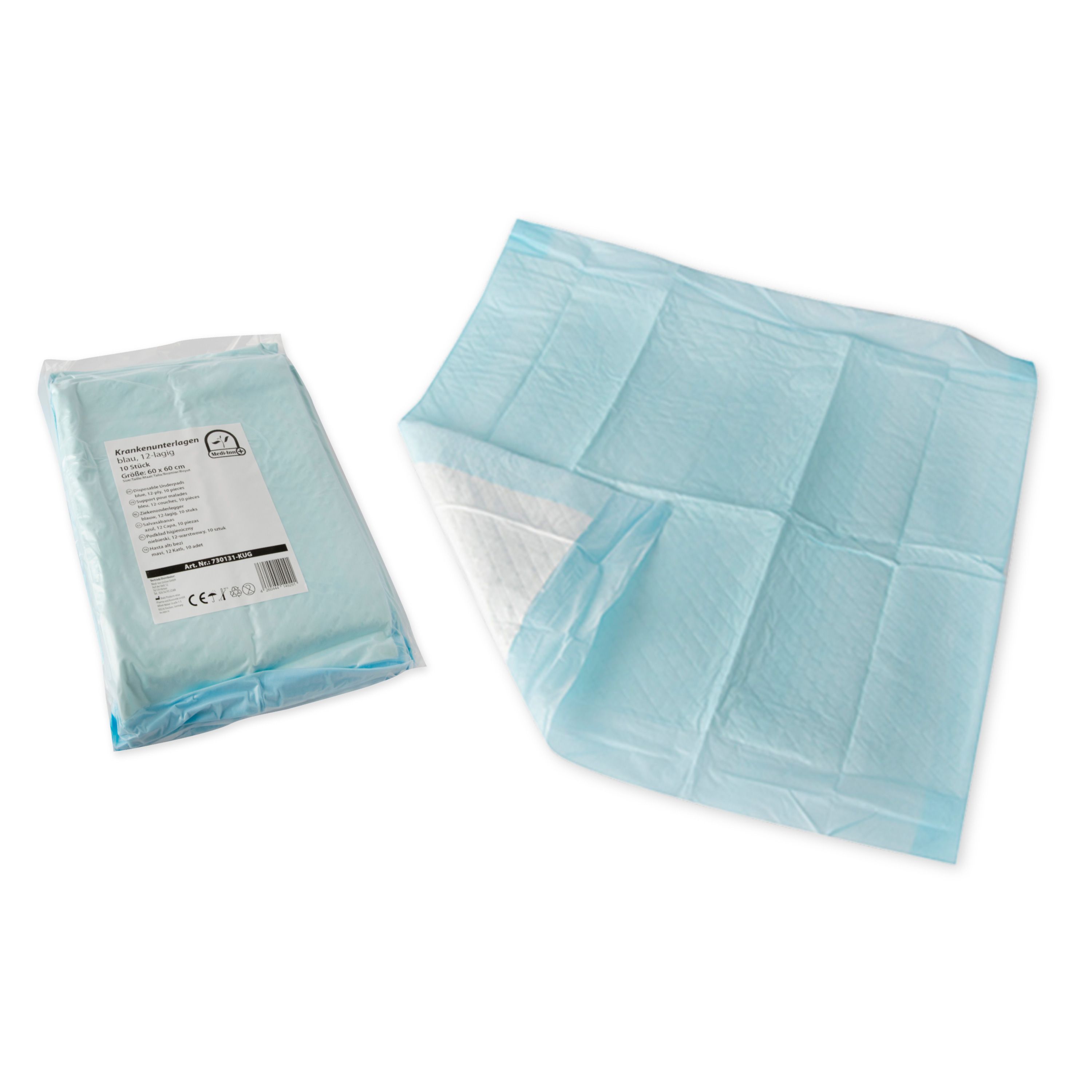Blau-weiße Krankenunterlagen, verpackt und einzeln. Verpackung mit Etikett. Einzelne Unterlage ausgebreitet.
