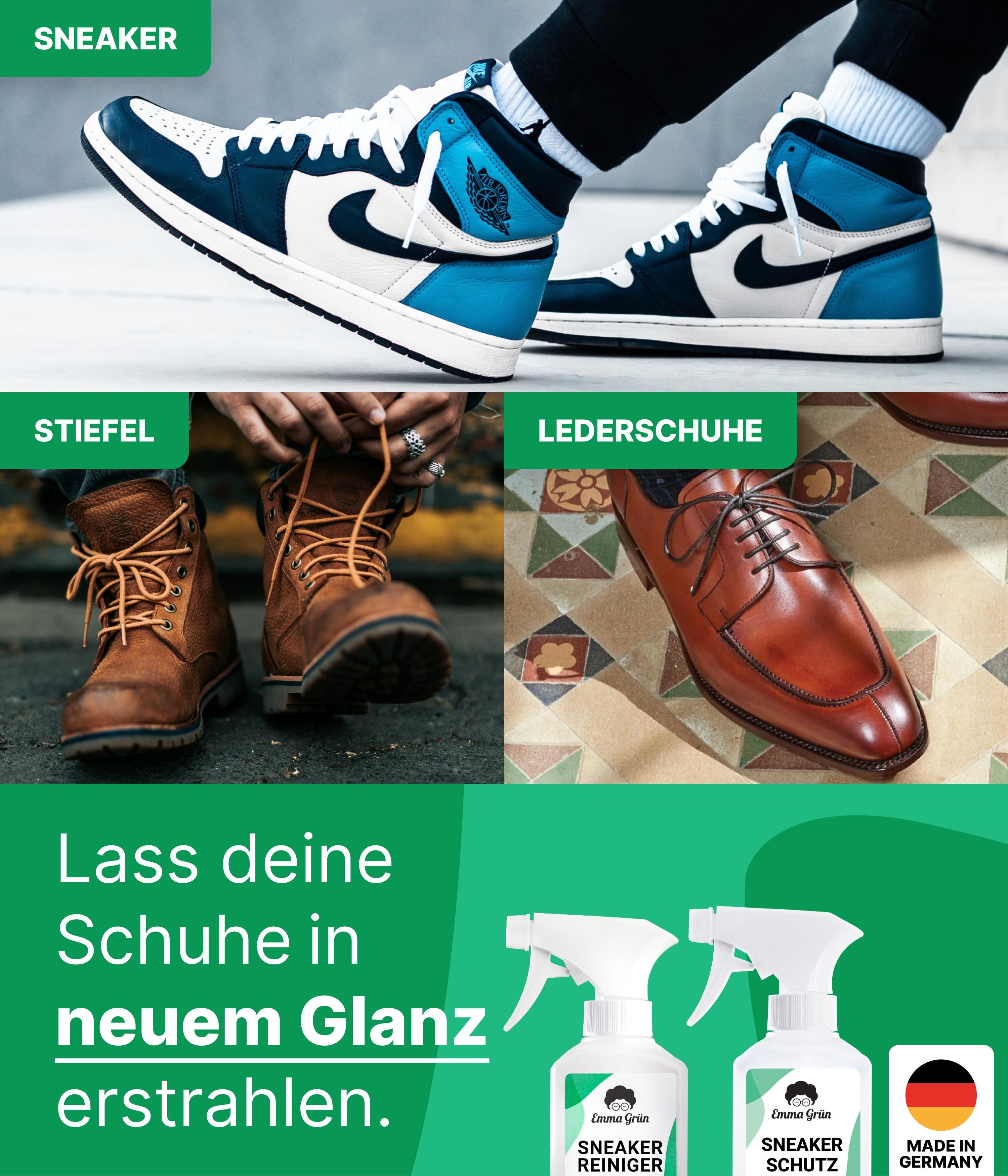 Emma Grün® Schuh-Reinigungsset mit Sneaker Reiniger & Imprägnierspray inkl. Schuhbürste