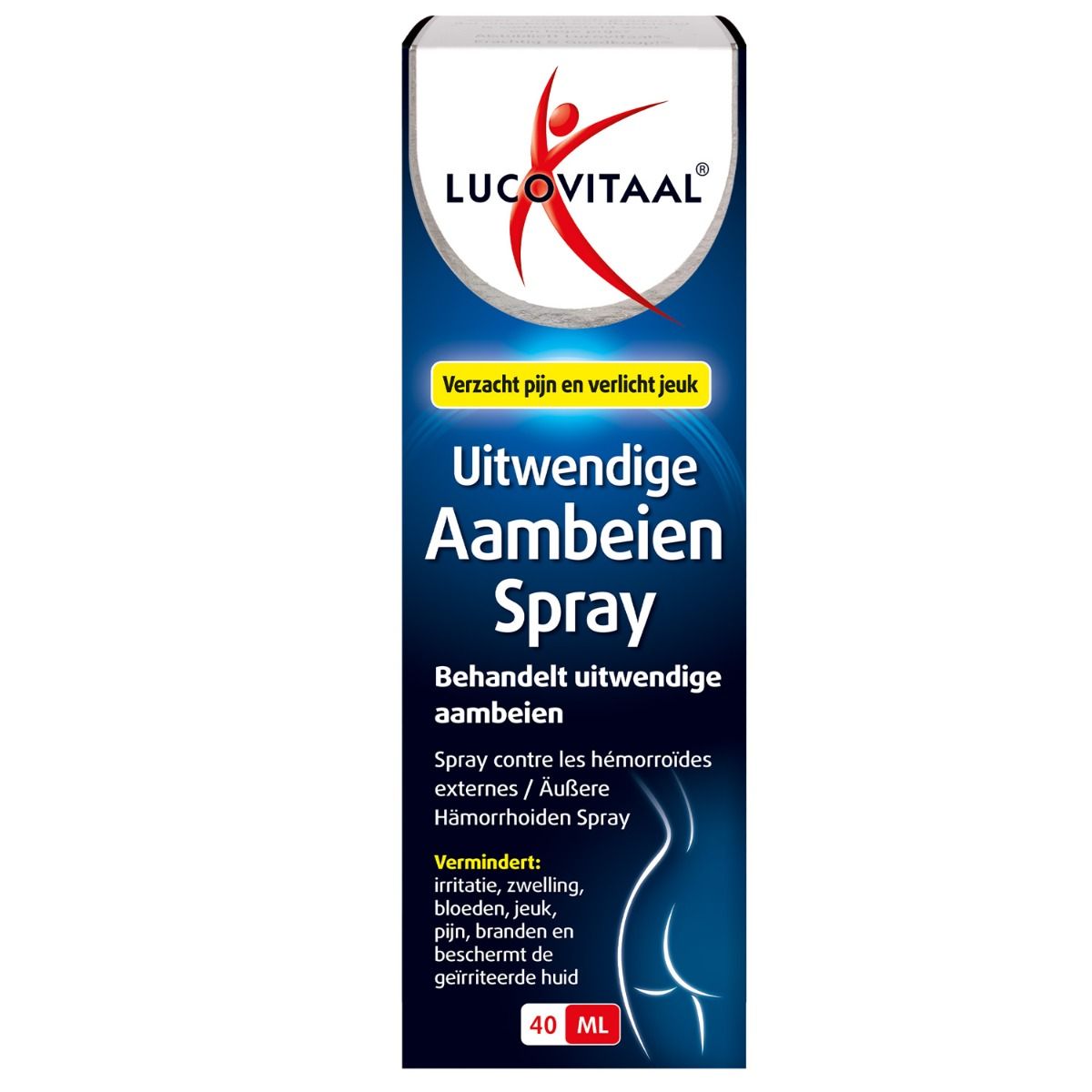 Witte sprayfles met rood logo en tekst. Opschrift: Uitwendige Aambeien Spray. 40 ml.