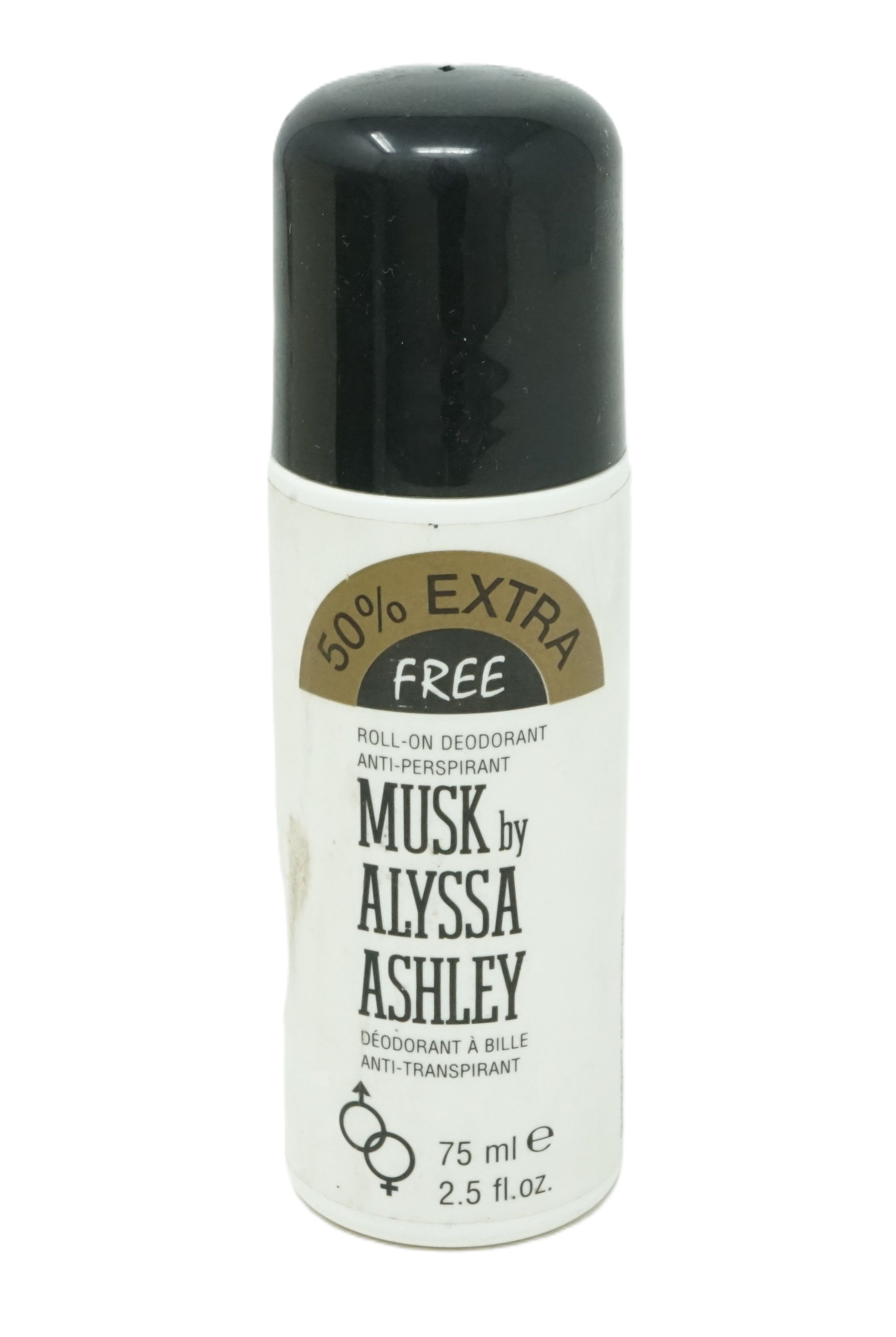Roll-on-Deodorant mit schwarzem Deckel. Aufschrift: Musk by Alyssa Ashley. 50% extra gratis.