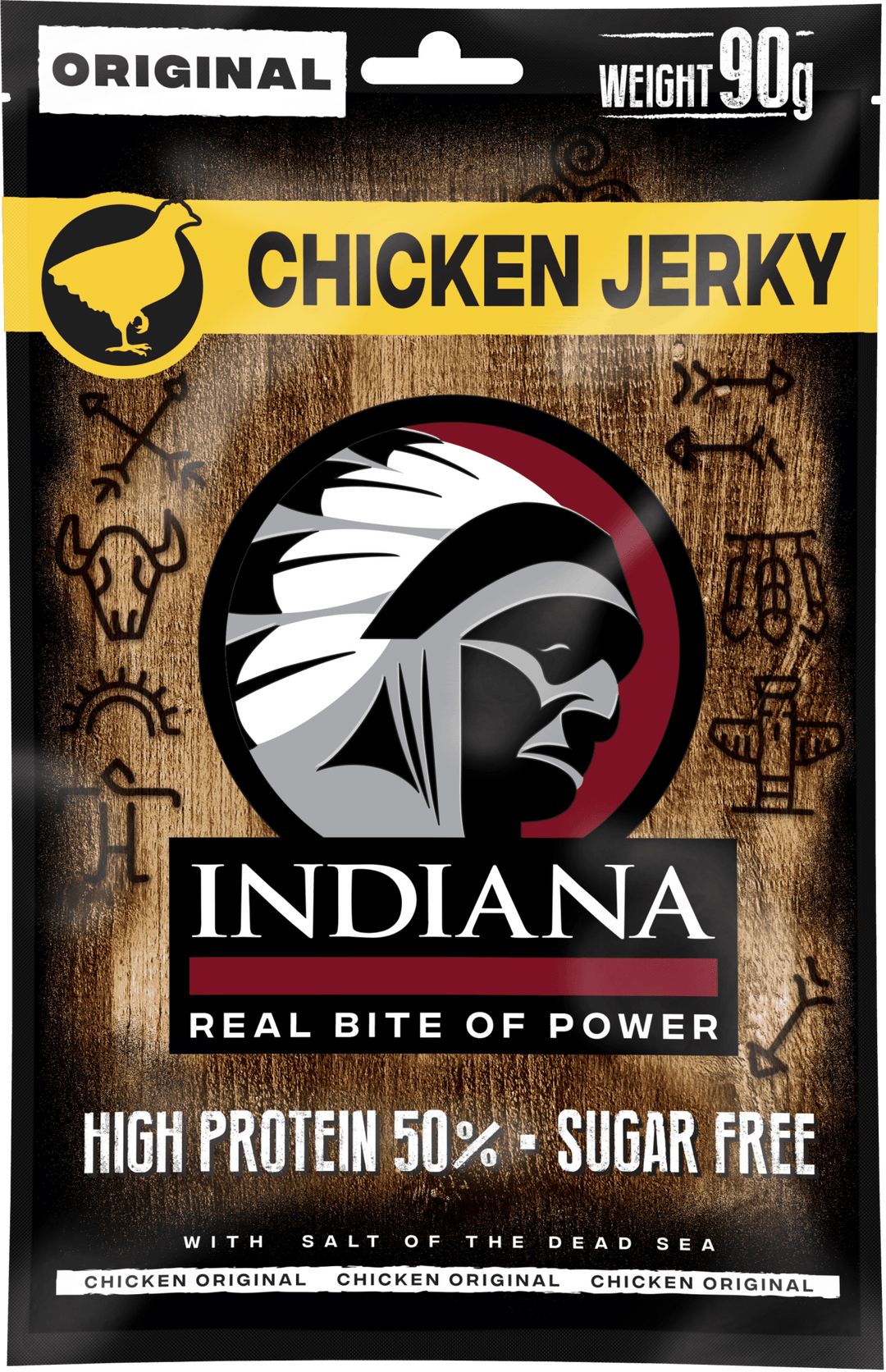 Verpackung Indiana Jerky Chicken Original. Schwarze Tüte mit gelbem Streifen und Schriftzug. Enthält 90g. Hoher Proteingehalt, zuckerfrei.