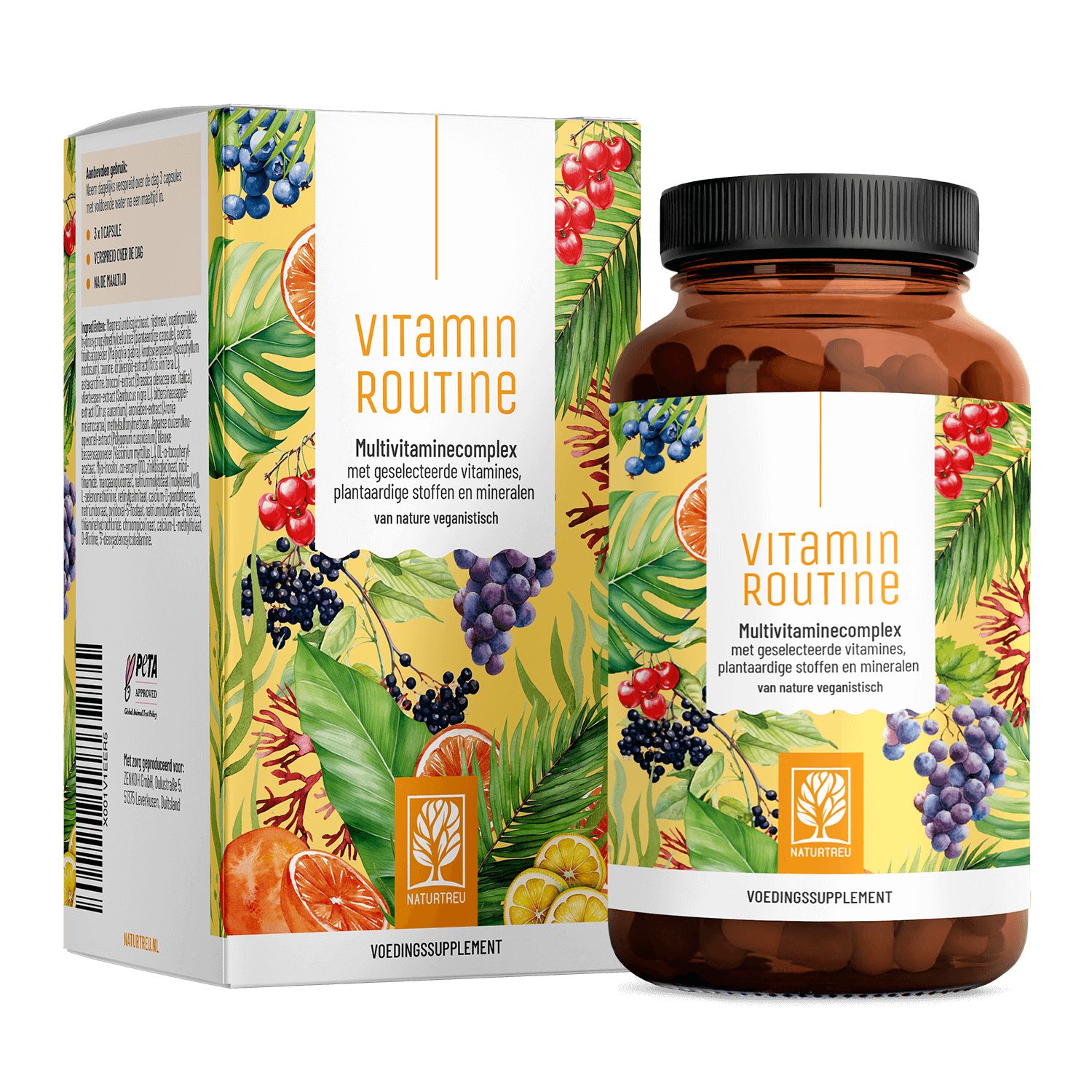 Braune Flasche und Schachtel mit Aufdruck. Aufschrift: Vitamin Routine. Mit Illustrationen von Früchten und Blättern. Marke: NATURTREU®.