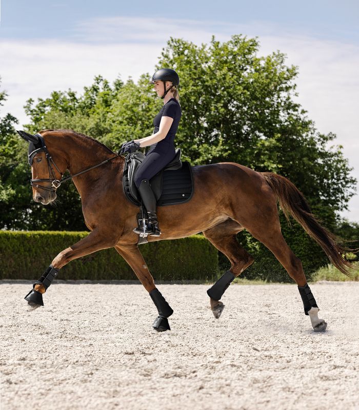 Reiterin auf braunem Pferd. Das Pferd trägt schwarze Beinbekleidung und Hufglocken. Reitet auf Sandboden.