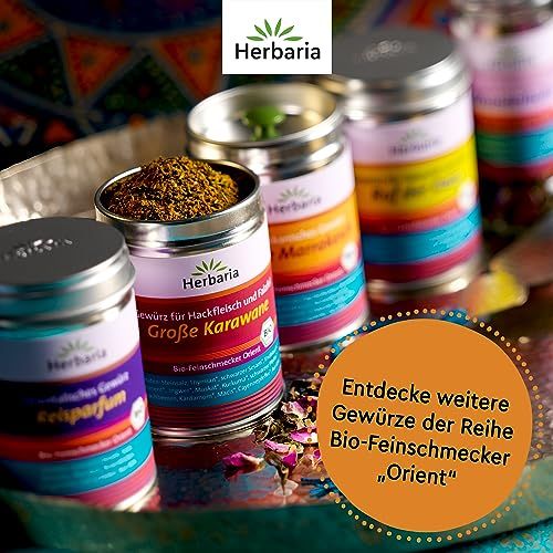 Herbaria Tajine Marrakesch Gewürzmischung in Metalldose, 100g, mit aufgestreuter Gewürzmischung.