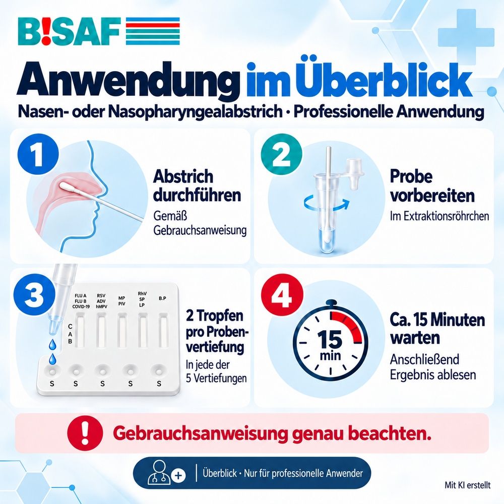 Anwendung BISAF 12in1 Test: 1. Abstrich, 2. Probe vorbereiten, 3. Testkassette füllen, 4. 15 Min. warten.