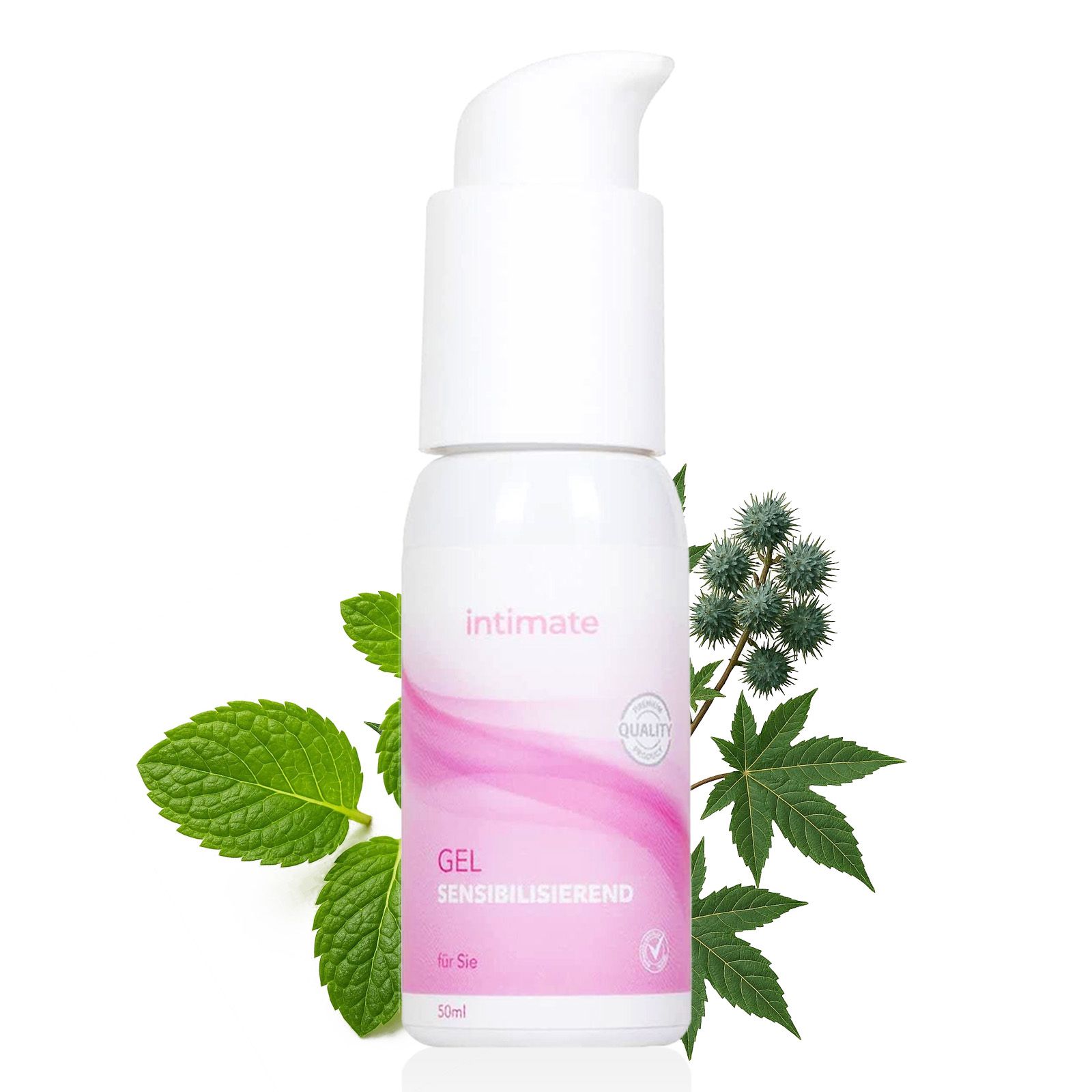 Weiß-rosa Flasche mit Pumpkopf. Blätter und Pflanzen. Text: Gel sensibilisierend.