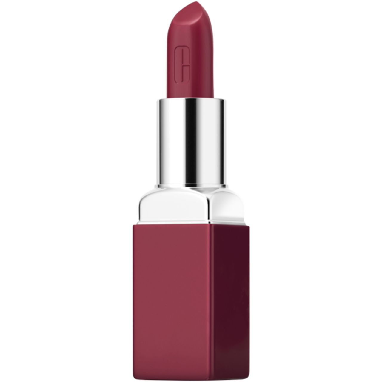 Clinique Lippenstift, burgunderfarben, geöffnet. Silberne Hülse, roter Stift. Clinique-Logo auf der Hülse.