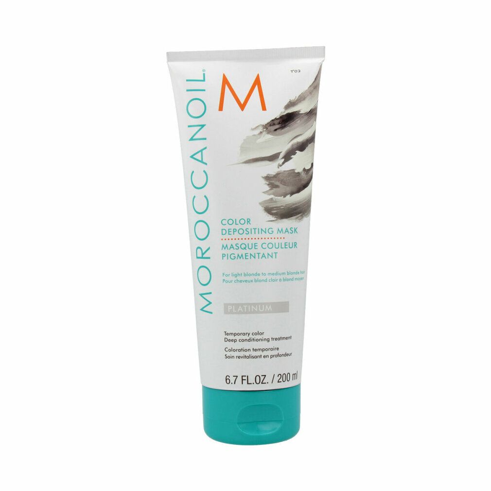 Weisse Tube mit türkisfarbenem Deckel. Aufschrift: Moroccanoil, Color Depositing Mask, Platinum. 6.7 FL.OZ./200 ml.