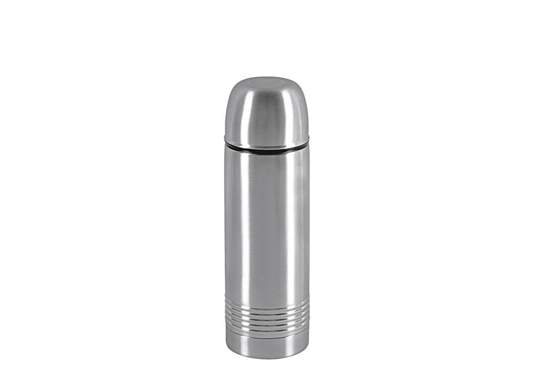 Isolierflasche aus Edelstahl. Zylindrische Form mit geriffelter Basis. Deckel aus Edelstahl. Glänzende Oberfläche.