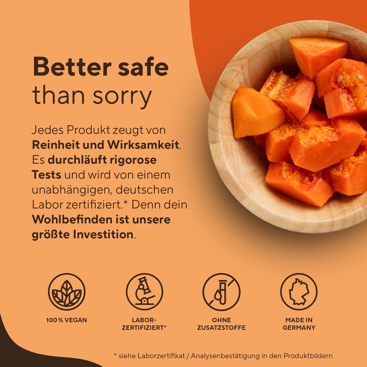 Holzschale mit Papaya-Stücken. Text: 100% vegan, Labor-zertifiziert, ohne Zusatzstoffe, Made in Germany. Text: Better safe than sorry.