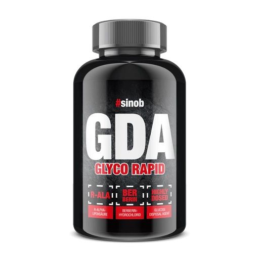 Schwarze Flasche mit weißer Aufschrift GDA, Glyco Rapid. Enthält Informationen zu R-ALA, Berb, und Glucose Disposal Agent.