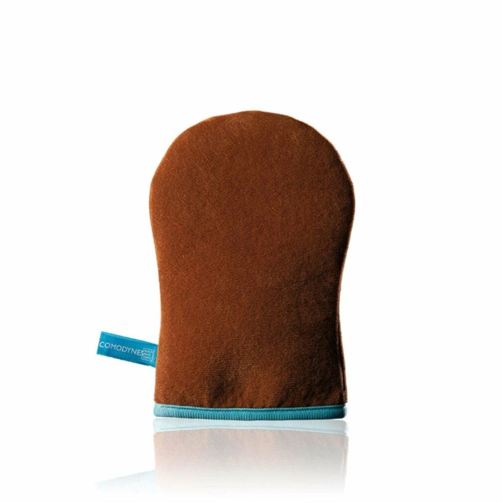 Bräunungshandschuh. Braunes Material, hellblauer Saum und Logo-Etikett. Marke: Comodynes.