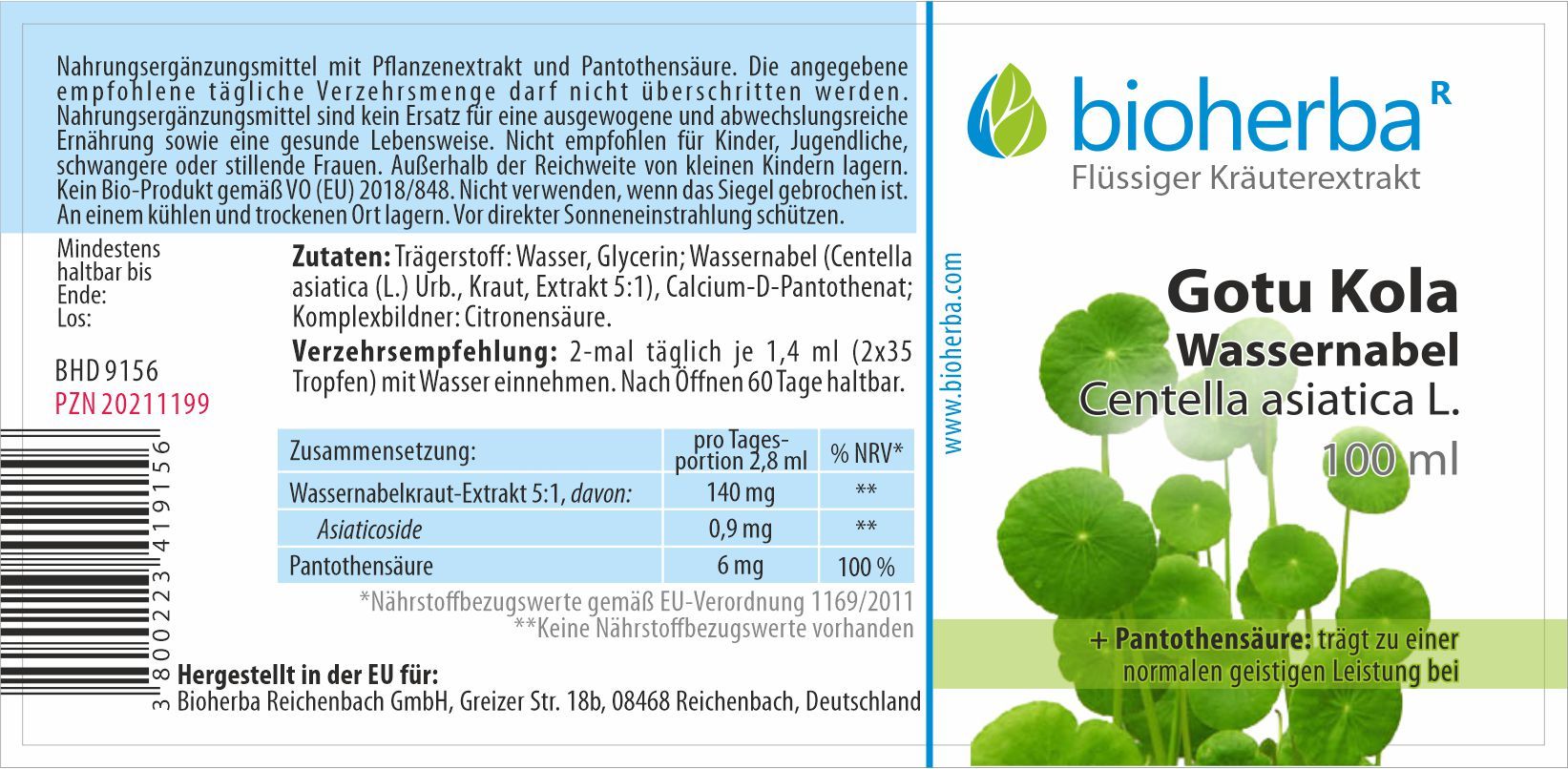 Bioherba Gotu Kola Wassernabel Centella asiatica L. Tropfen Tinktur