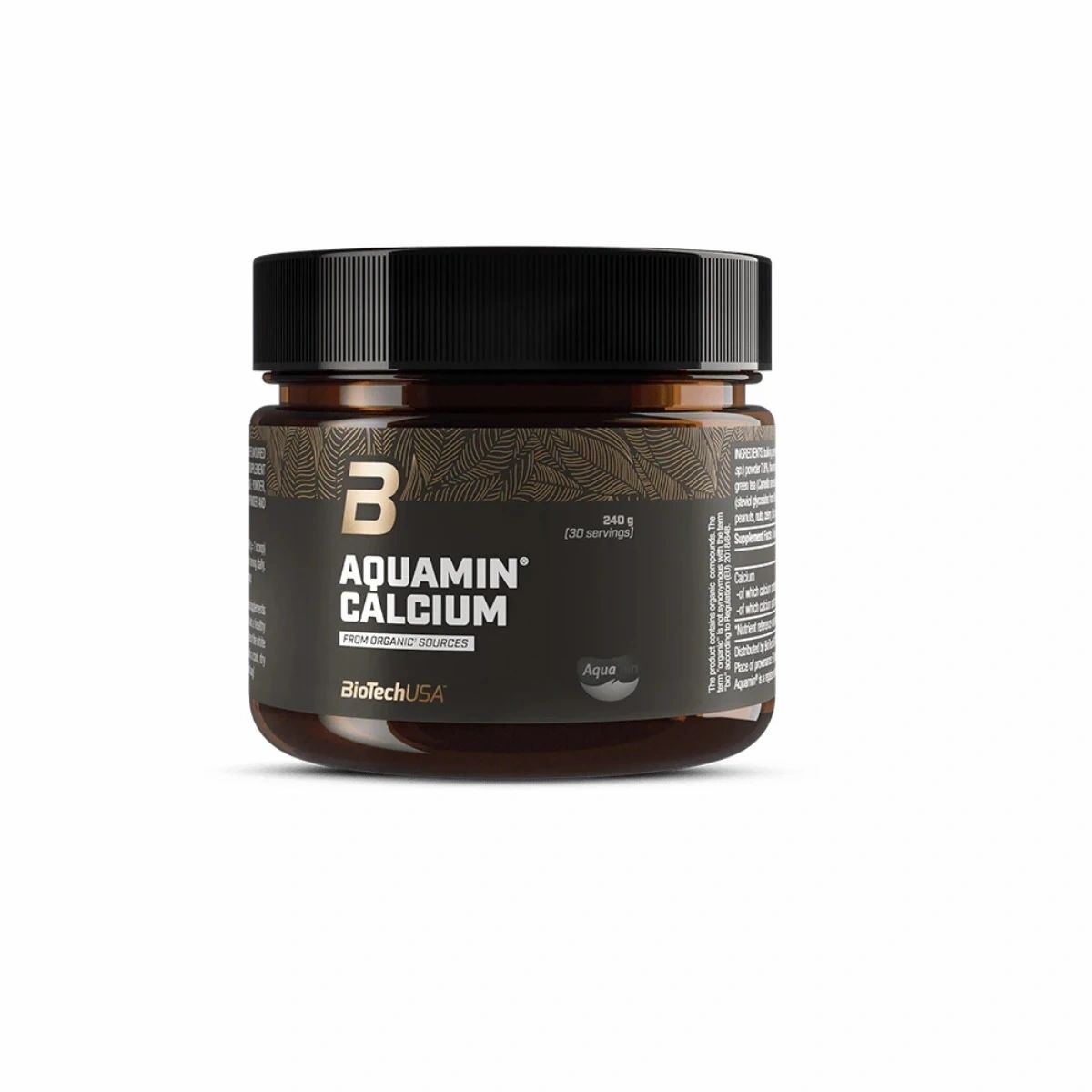 BioTech Aquamin Calcium in brauner Dose mit schwarzem Deckel. Etikett mit Markenschriftzug und Produktinformationen.