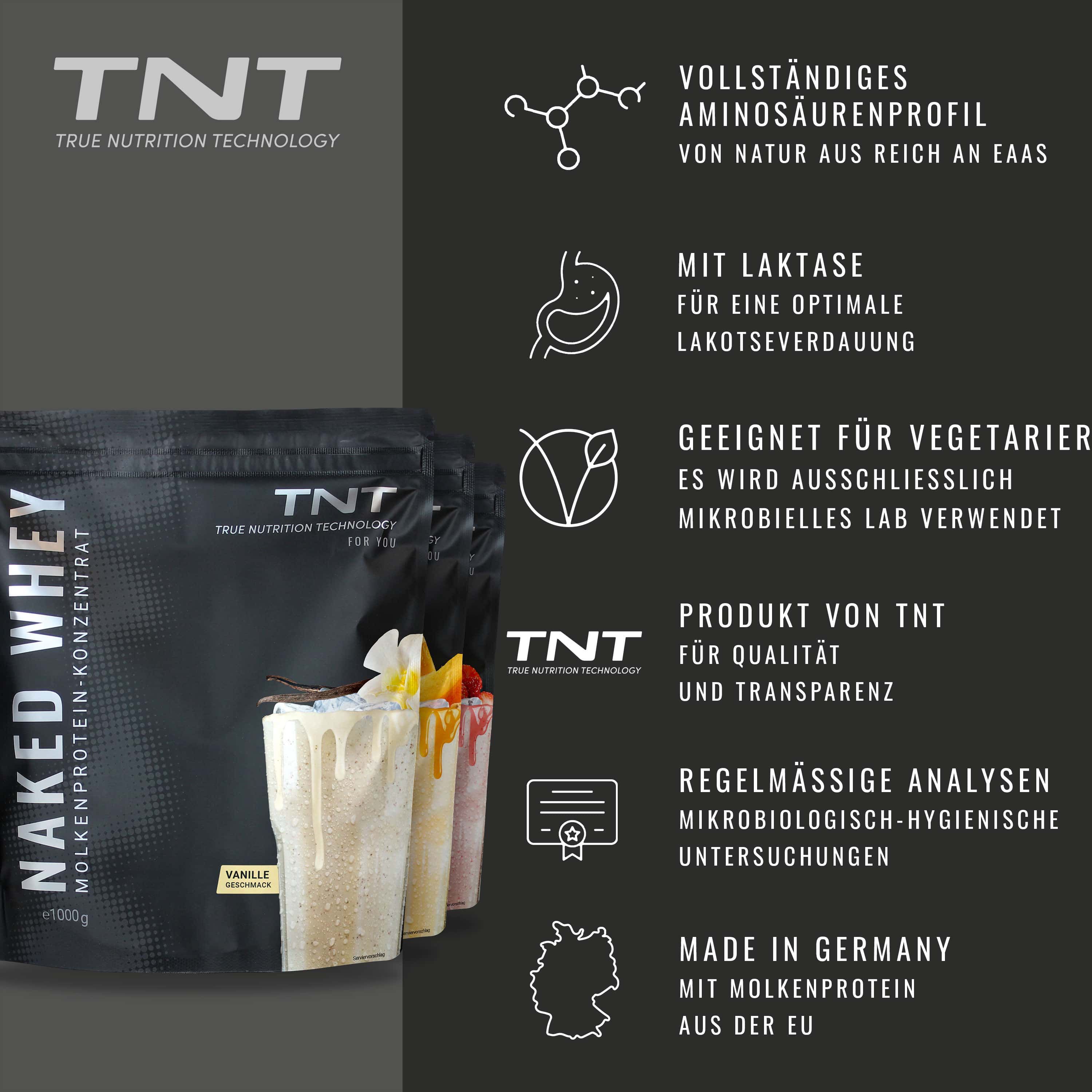 TNT Naked Whey-Packung mit Produktinformationen. Enthält: vollständiges Aminosäurenprofil, Laktase, für Vegetarier geeignet, Produkt von TNT, Made in Germany.