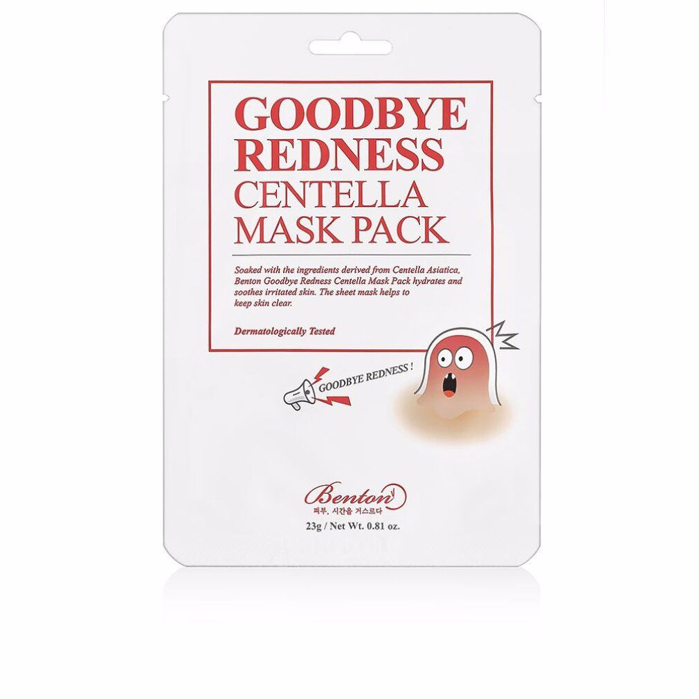 Verpackung 'Goodbye Redness Centella Cica Mask Pack'. Marke Benton. Text und Illustration.