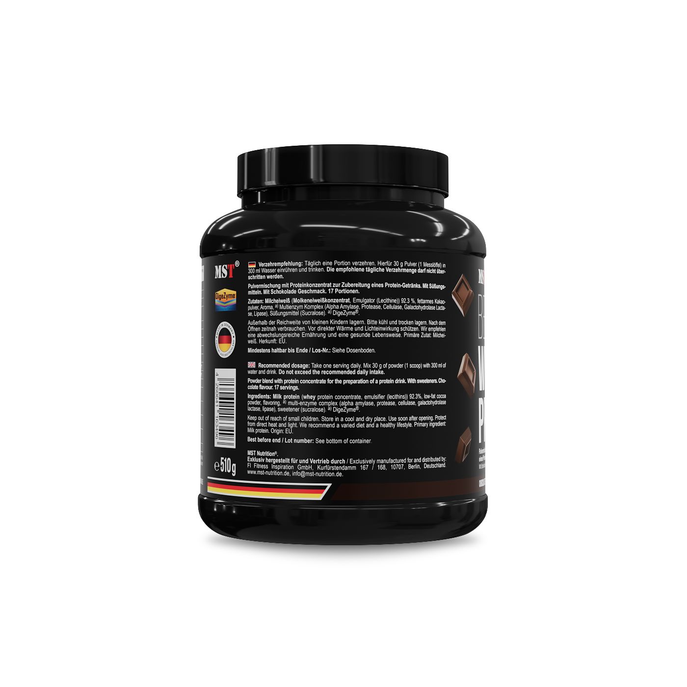 Rückseite der schwarzen Dose MST Best Whey Protein. Enthält Nährwertangaben, Inhaltsstoffe und Anwendungshinweise.