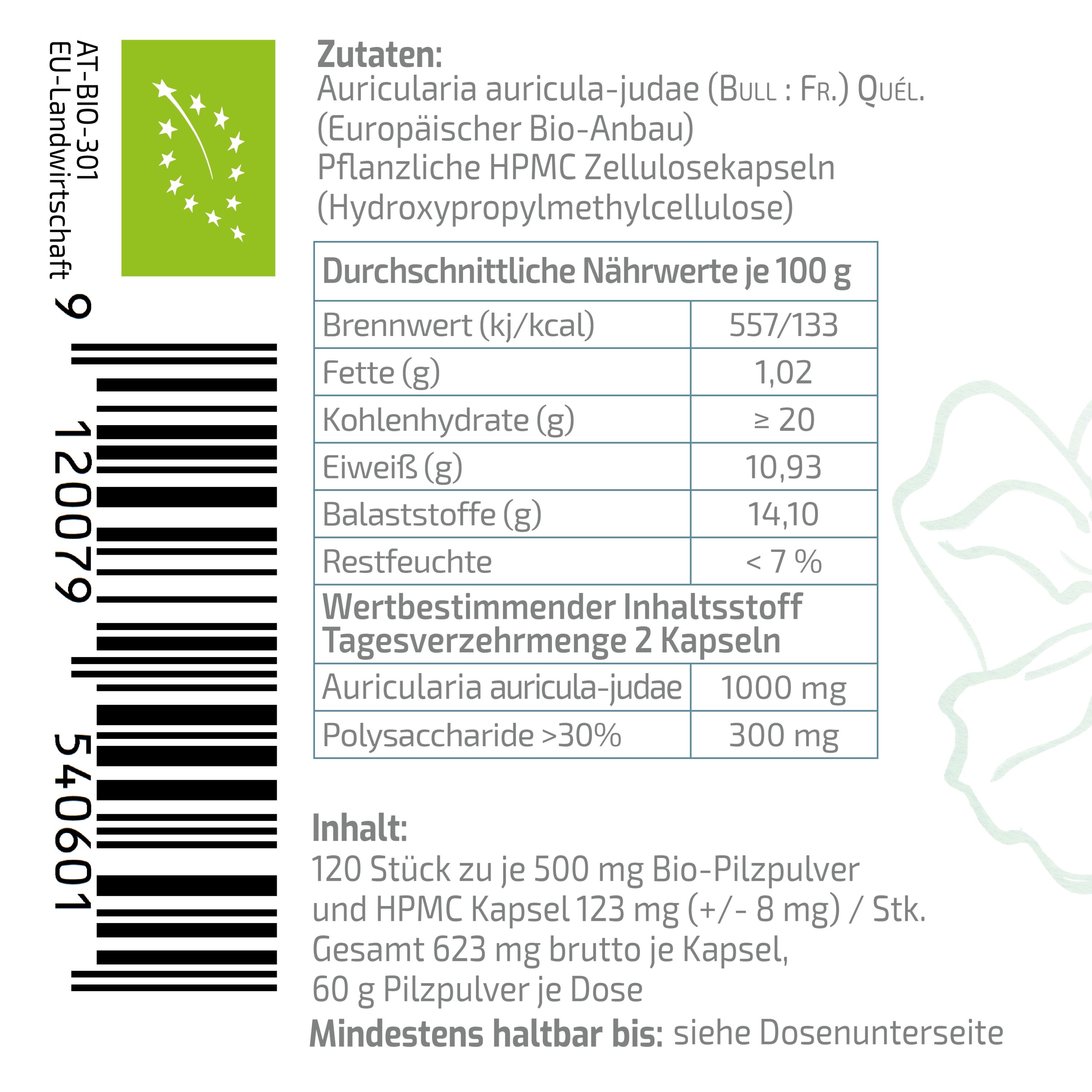BEAUVITAL® Pure Bio Auricularia Kapseln, Judasohr (Auricularia auricula-judae) aus EU-Anbau