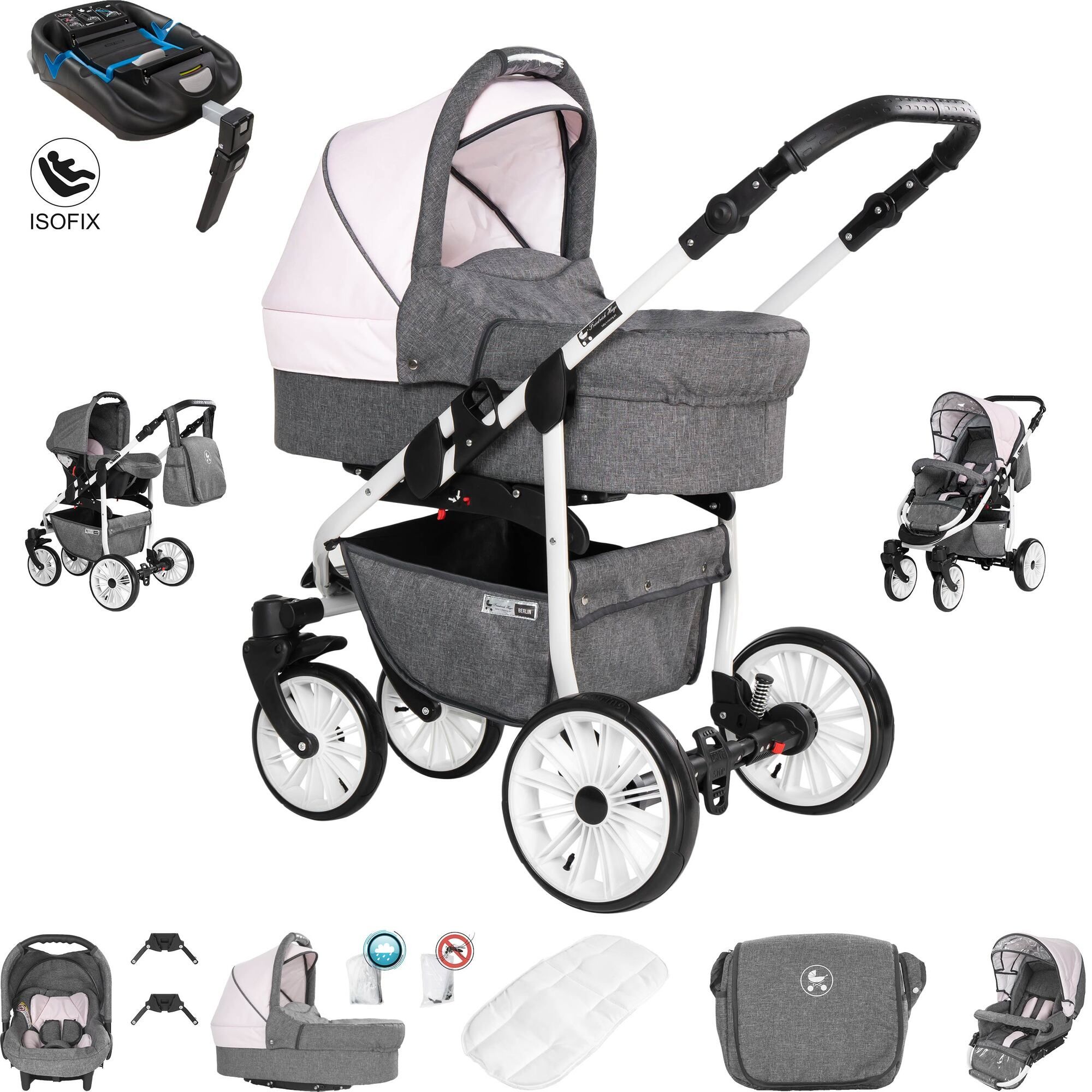 Kinderwagen, grau und hellrosa, mit weißen Rädern. Enthält Zubehör wie Babyschale und Tasche. ISOFIX-kompatibel.