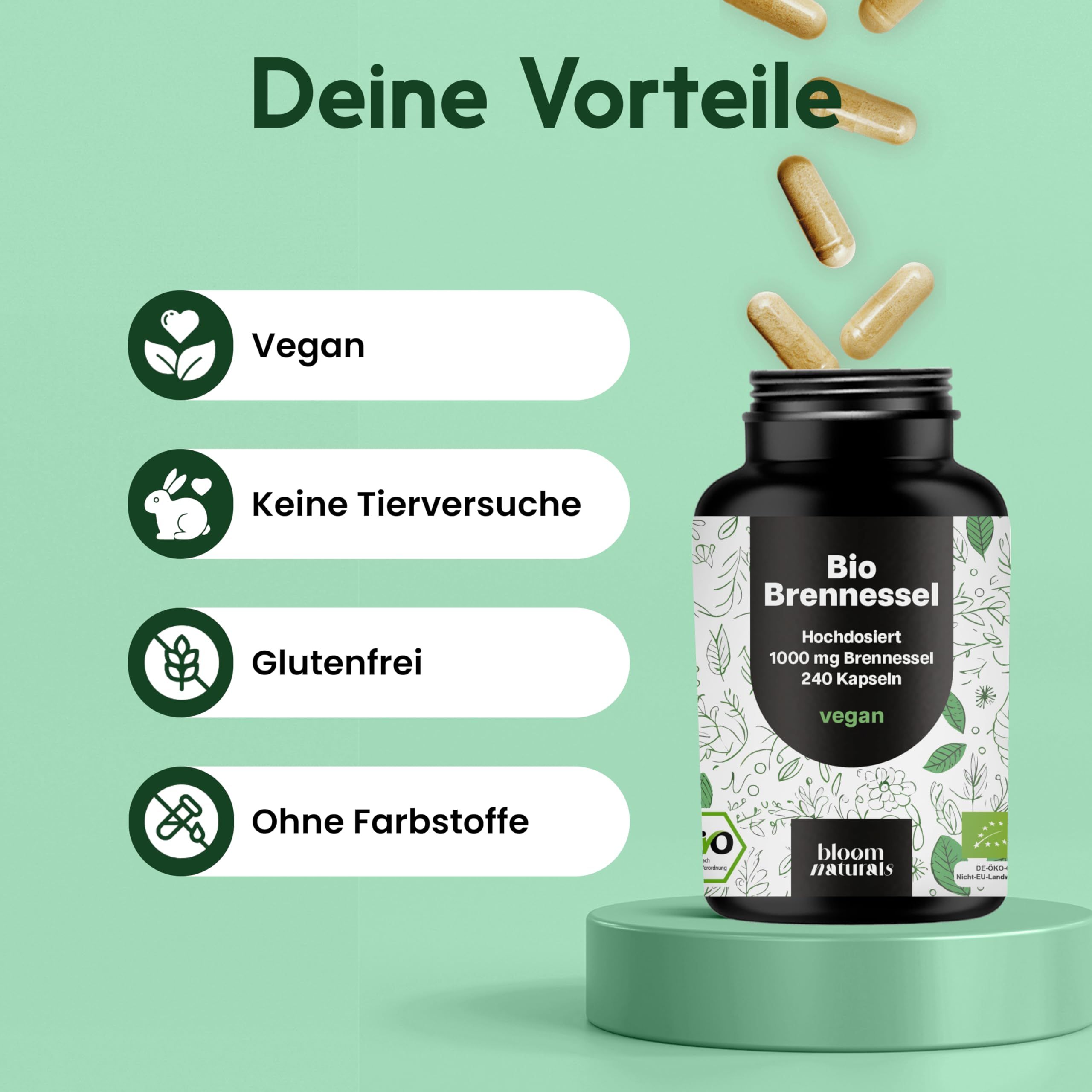Flasche mit Kapseln. Text: Vegan, Keine Tierversuche, Glutenfrei, Ohne Farbstoffe. Bio-Siegel.