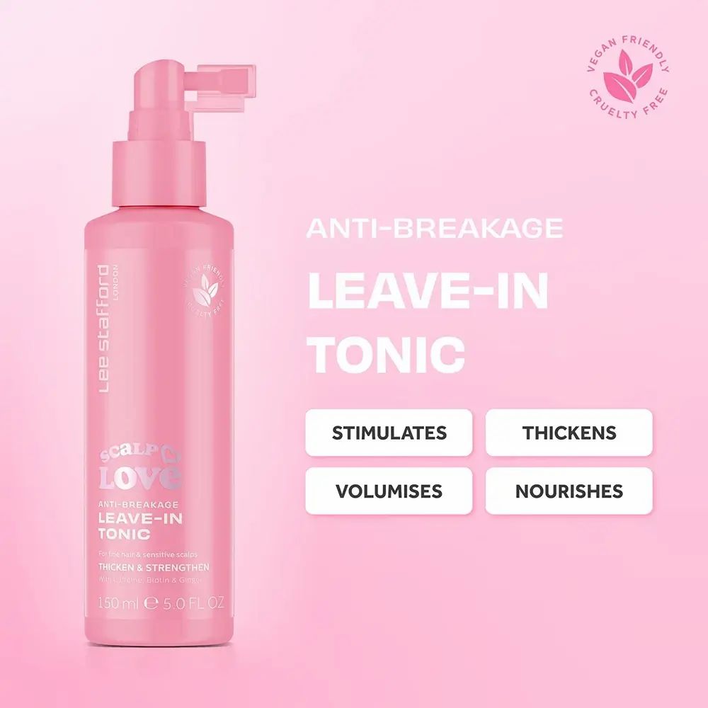 Rosa Flasche mit Sprühkopf. Beschriftung: Scalp Love, Leave-in Tonic, Lee Stafford. Vegan-Siegel. Textfelder: Stimuliert, Verdichtet, Volumen, Nährt.