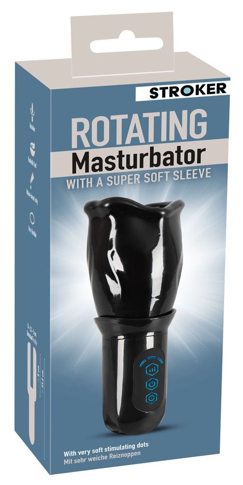 Verpackung mit Produktabbildung. Text: STROKER, ROTATING Masturbator, WITH A SUPER SOFT SLEEVE. Blaue und weiße Farbtöne.