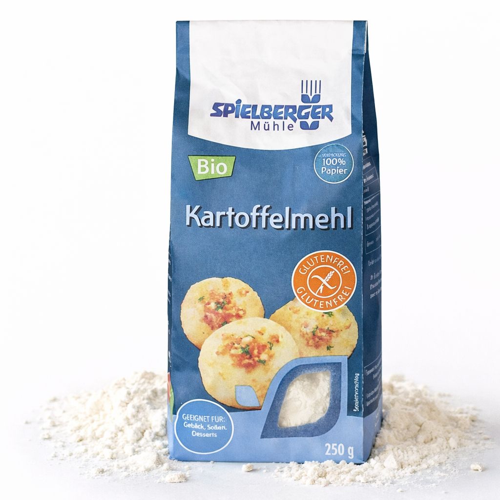 Spielberger Kartoffelmehl Speisestärke glutenfrei, 250g Packung, umgeben von Mehl.
