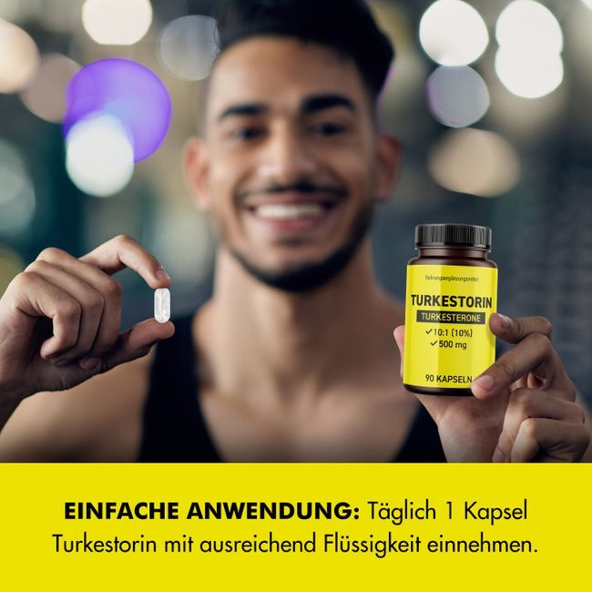 Mann hält Kapsel und Flasche TURKESTORIN. Aufschrift: TURKESTERONE, 10:1 (10%), 500 mg, 90 Kapseln. Einfache Anwendung.