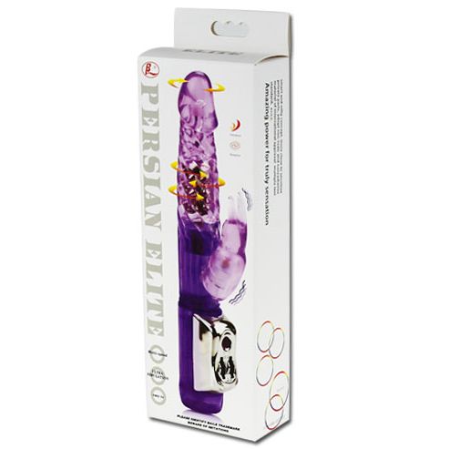 Lila Vibrator in Verpackung. Der Vibrator hat eine geriffelte Oberfläche und einen Hasenohren-Aufsatz. Die Verpackung zeigt den Produktnamen "PERSIAN ELITE".