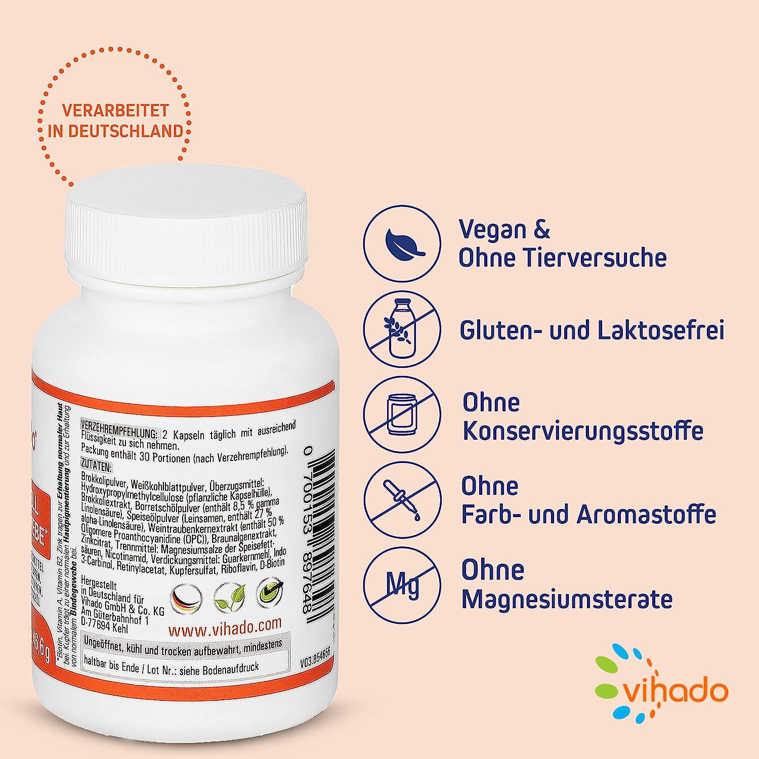 Weiße Flasche mit "vihado"-Logo. Aufschrift: "Vegan & ohne Tierversuche", "Gluten- und laktosefrei", "Ohne Konservierungsstoffe".