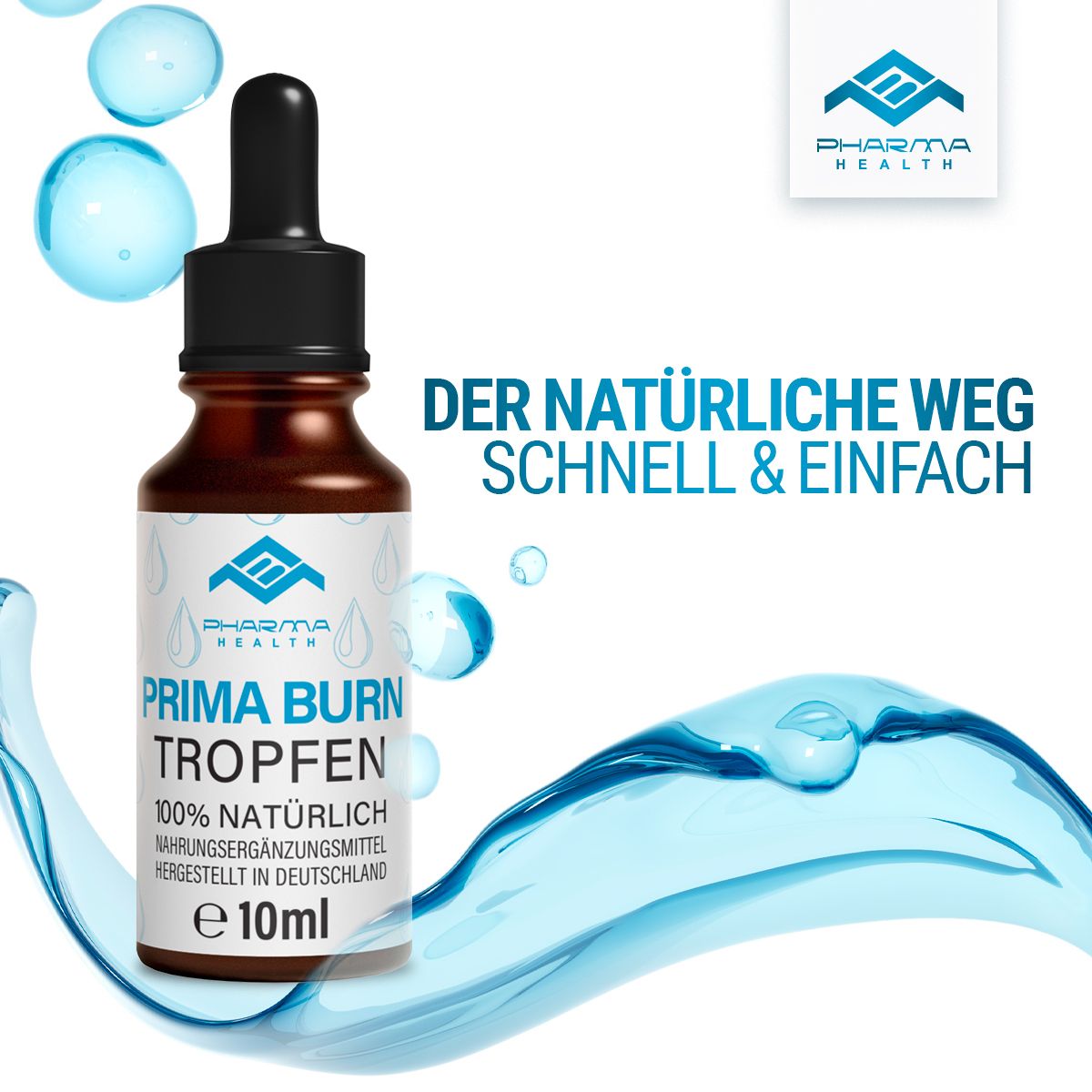 Braune Glasflasche mit schwarzem Tropfer. Auf dem Etikett: Pharma Health, Prima Burn Tropfen, 100% natürlich. 10 ml. Text und blaue Wasser-Grafik.