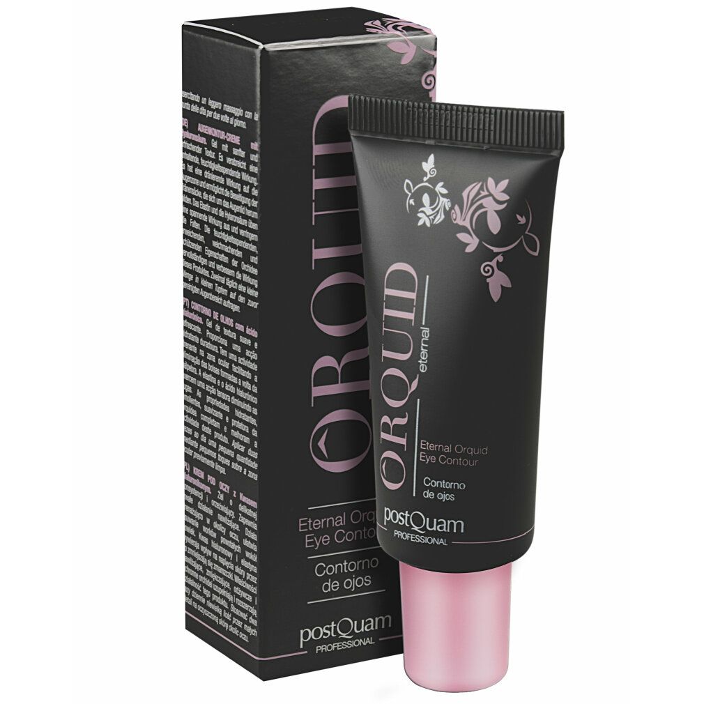 Schwarze Tube mit rosa Verschluss und Verpackung. Aufschrift: ORQUID eternal, Eye Contour. Marke: Postquam Professional.