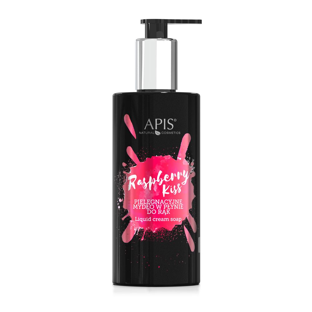 Schwarze Flasche mit Dosierpumpe. Rosa Aufdruck mit "Raspberry Kiss" und "APIS" Logo. Flüssige Handseife.