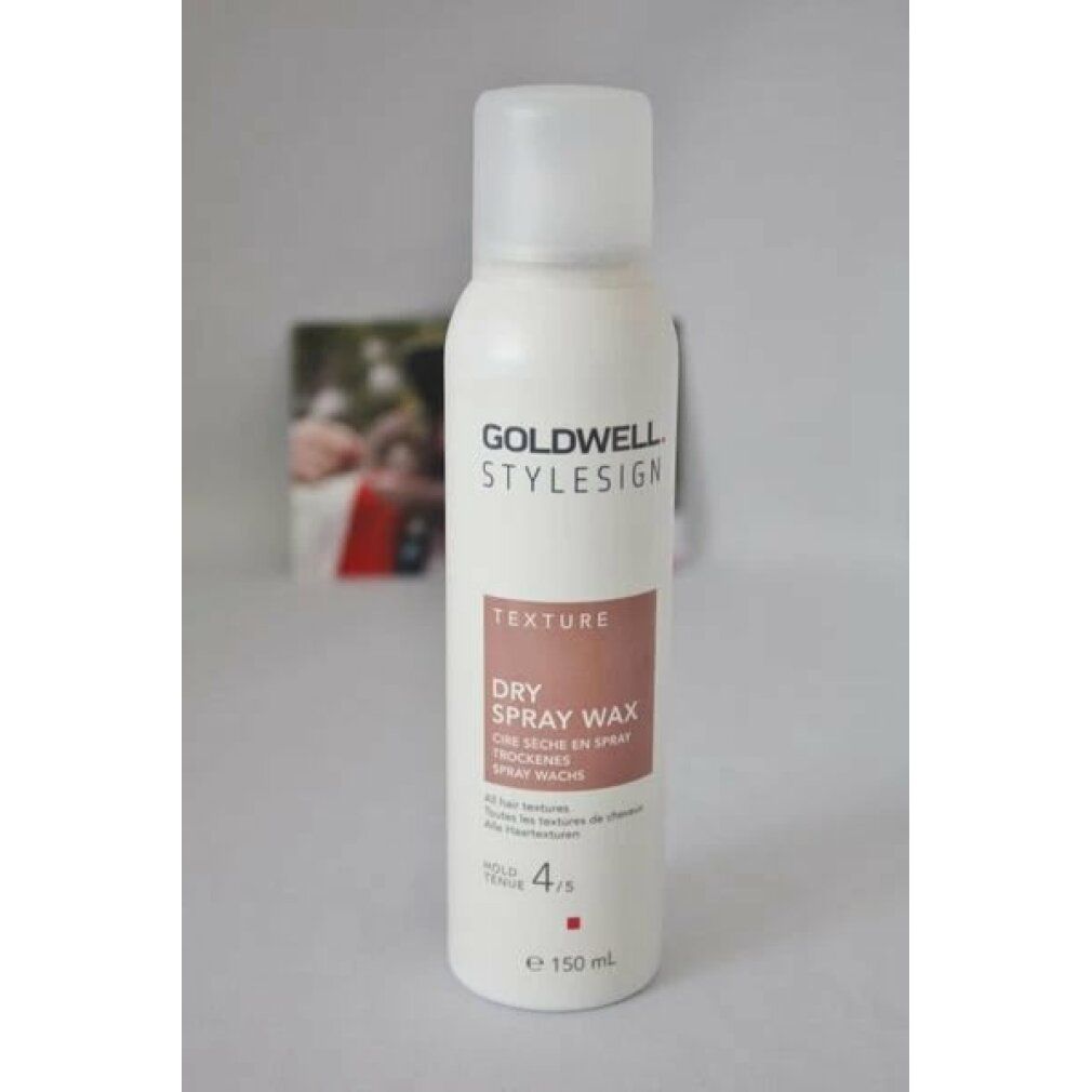 Goldwell Stylesign Texture Trockenes Spray-Wachs. Weiße Sprühflasche mit braunem Etikett. Text und Hold-Bewertung 4/5. 150 ml.