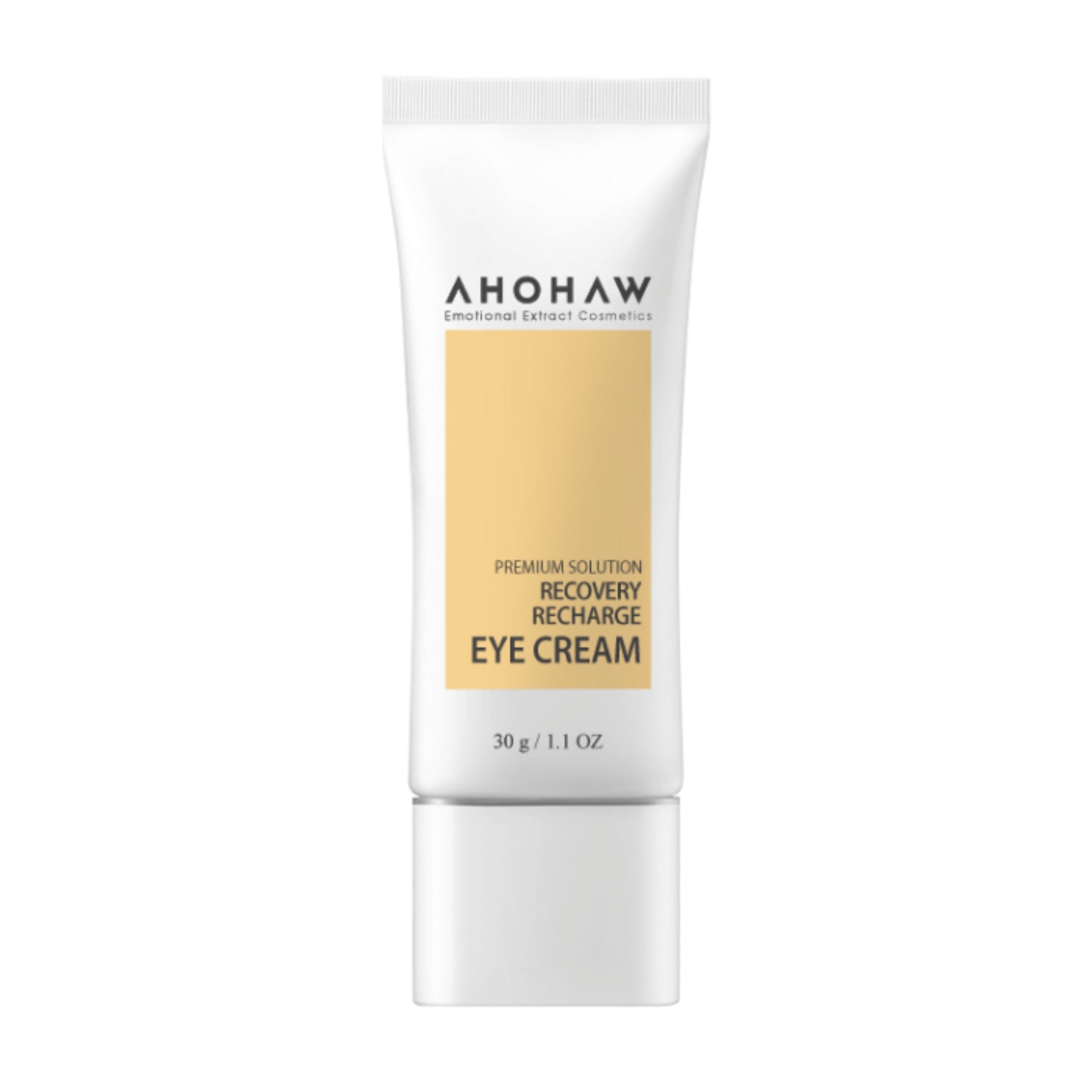 Weiße Tube mit gelbem Feld. Aufschrift: Ahohaw, Recovery Recharge Eye Cream. Unten: 30 g / 1.1 oz.