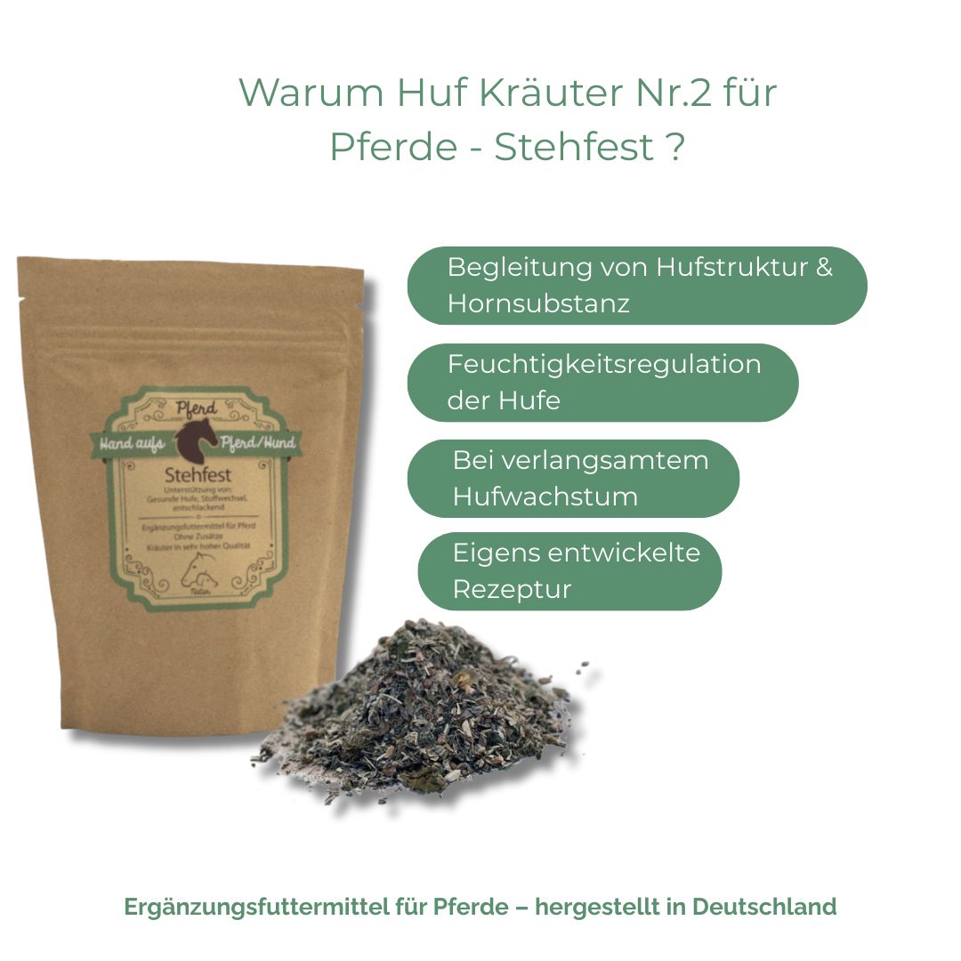 Brauner Beutel mit Produktetikett und Kräutermischung. Text: Warum Huf Kräuter Nr.2 für Pferde - Stehfest? Ergänzungsfuttermittel.