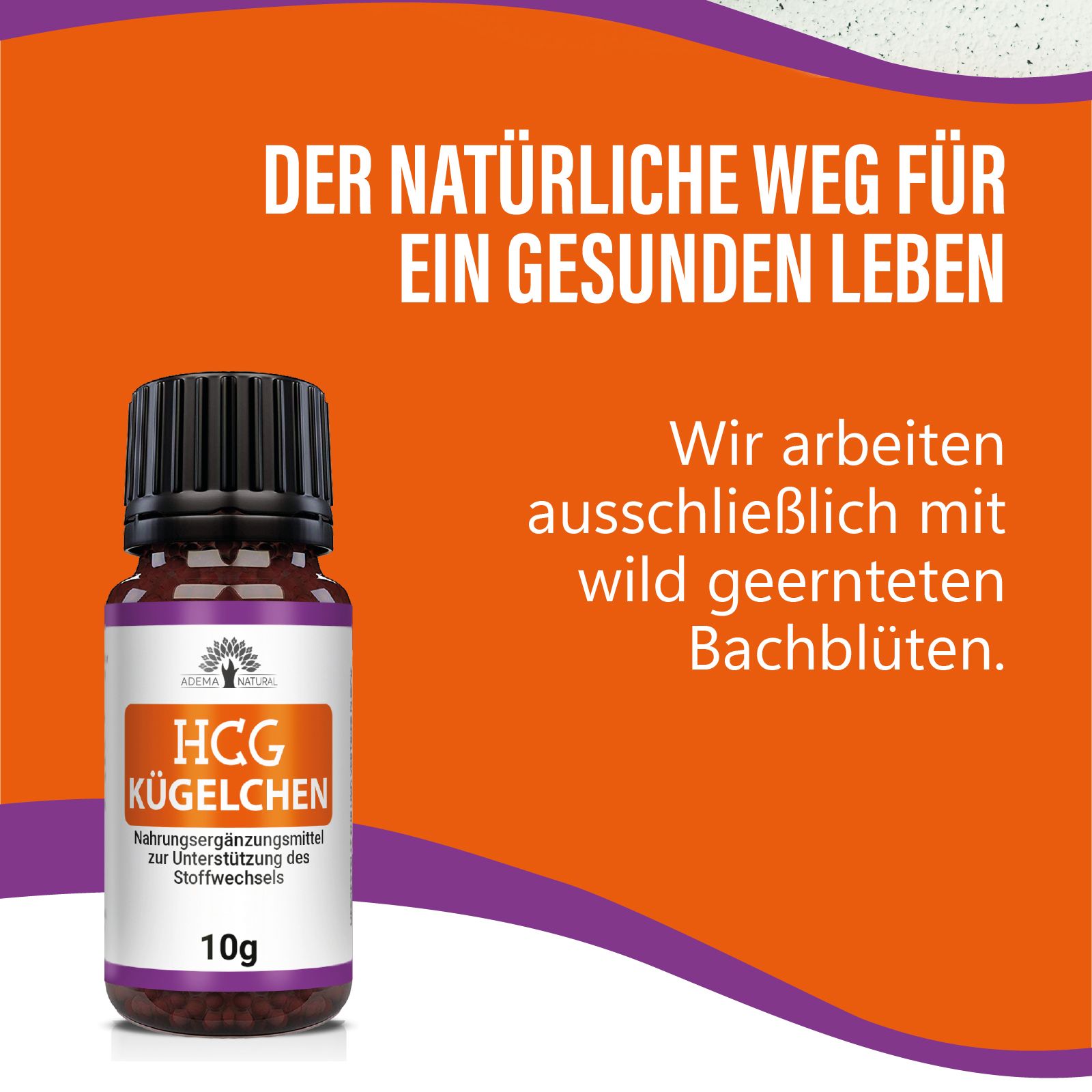 Braune Glasflasche mit schwarzem Deckel. Etikett "HCG Kügelchen" und "10g". Text: Bachblüten.