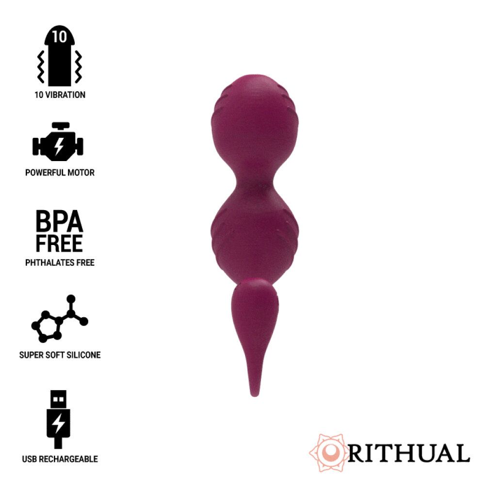 Rosafarbenes Gerät mit drei Kugeln. Text: 10 Vibration, Powerful Motor, BPA Free, Super Soft Silicone, USB Rechargeable. Logo: Rithual.