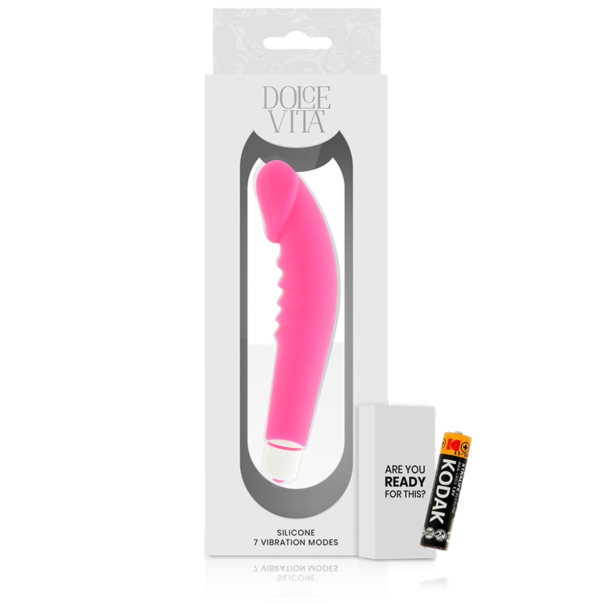 Pinkfarbener Vibrator in Verpackung. Aufdruck: Dolce Vita, 7 Vibrationsmodi. Inkl. Batterie und Verpackung.