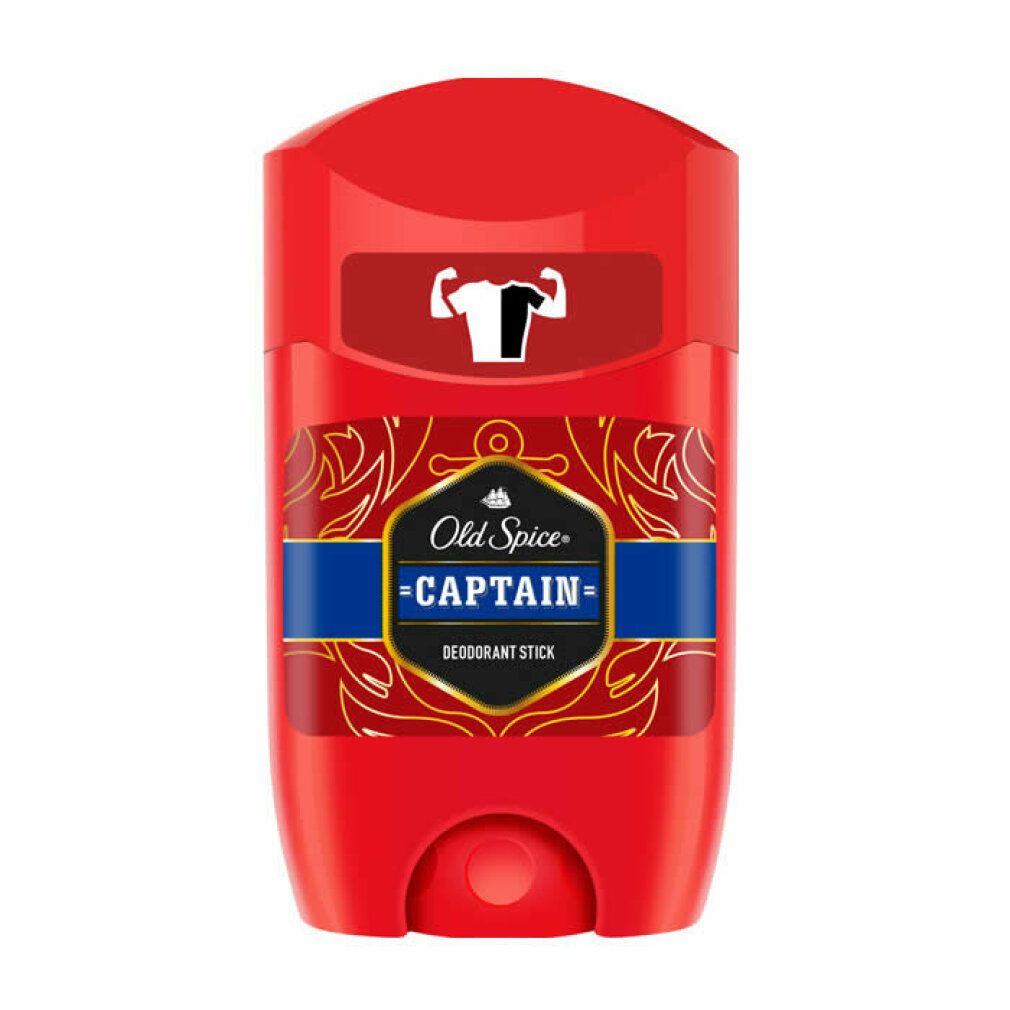 Roter Deostift. Oben Logo mit T-Shirt. Blaue Linie mit "CAPTAIN" und "DEODORANT STICK". Goldene Verzierungen.