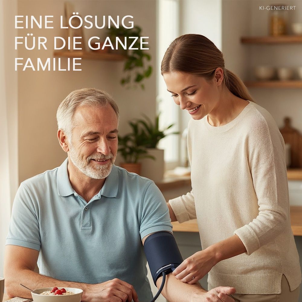 Mann mit Blutdruckmanschette am Arm, Frau stellt sie ein. Küche im Hintergrund.