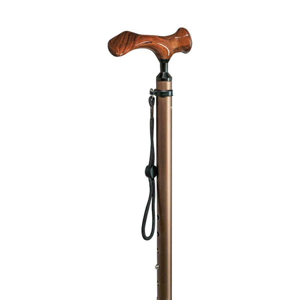 Gehstock mit Holzgriff und brauner, höhenverstellbarer Stange. Schwarze Handschlaufe. Detailaufnahme vor weißem Hintergrund.