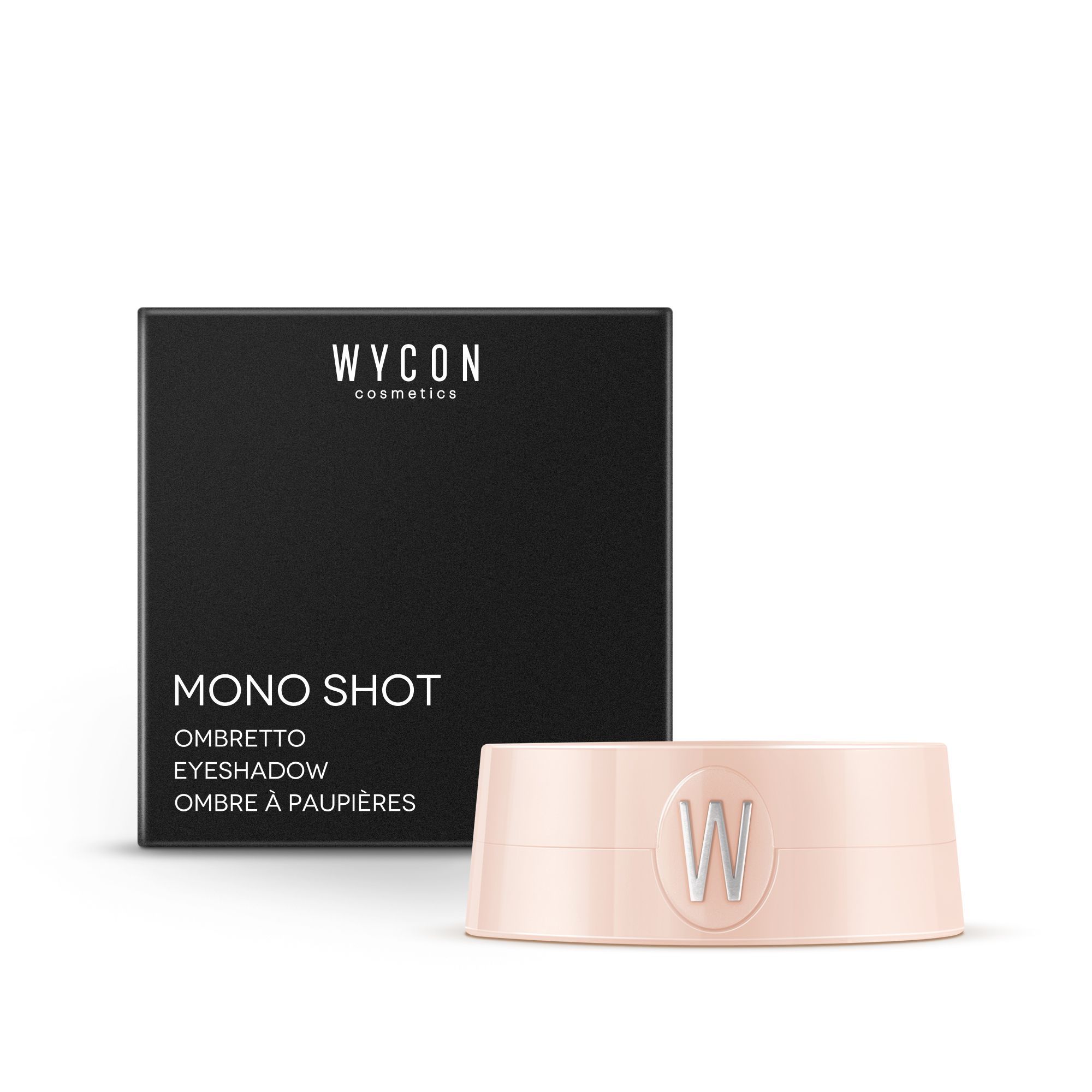 Confezione nera e contenitore di ombretto rosa. Testo: WYCON cosmetics, MONO SHOT, OMBRETTO EYESHADOW, OMBRE À PAUPIÈRES.