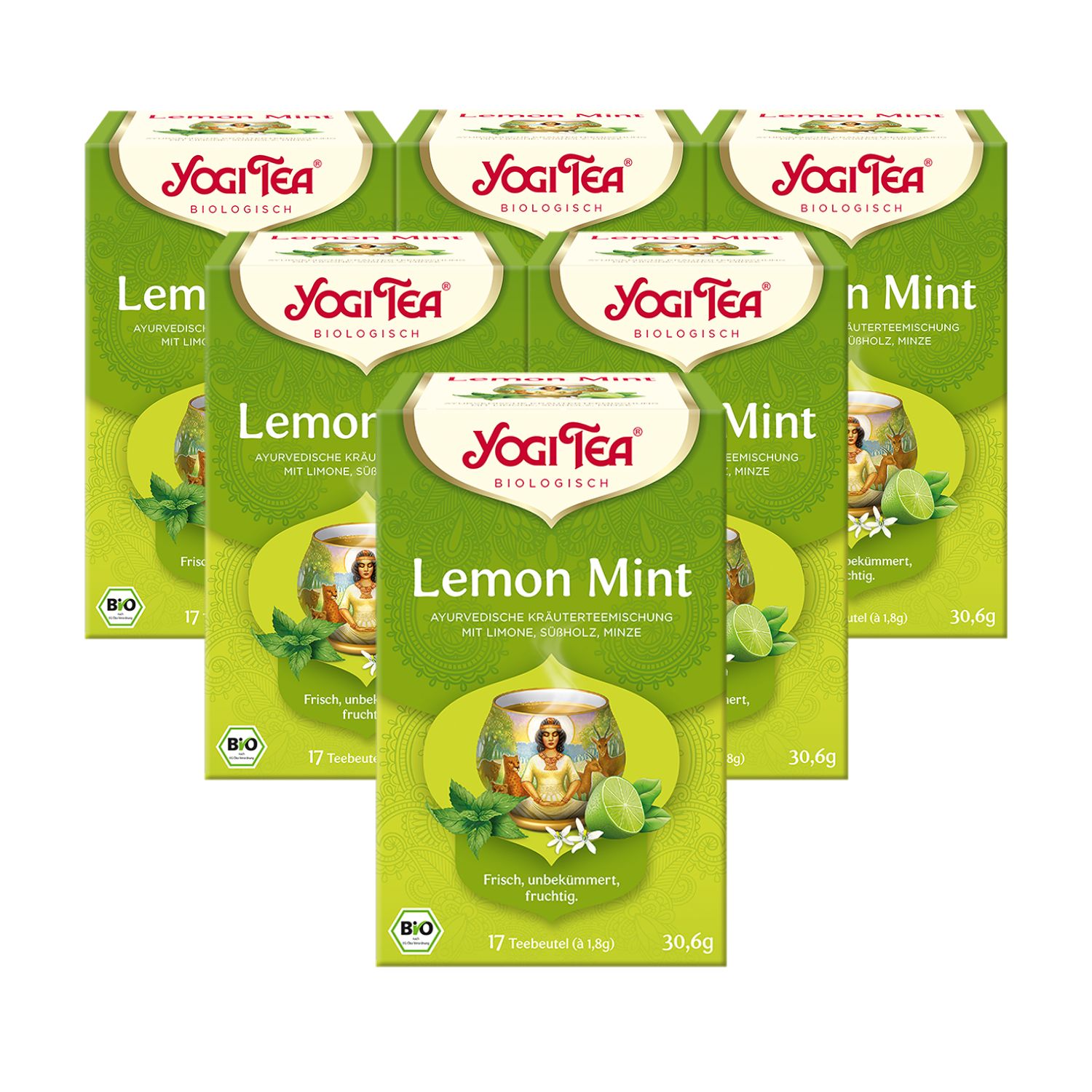 Mehrere Packungen Yogi Tea Lemon Mint. Grüne Verpackung mit Logo und Produktbezeichnung. Bio-Siegel.