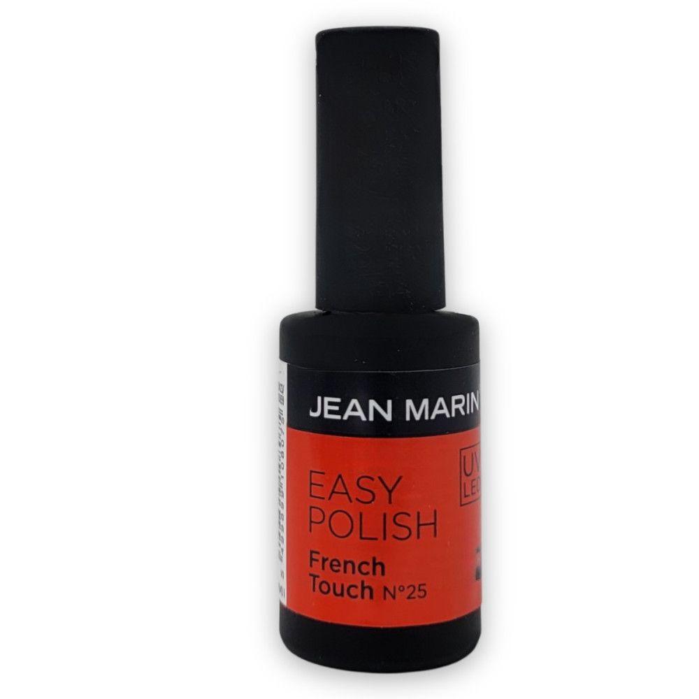 Nagellackflasche mit schwarzem Deckel. Roter Aufkleber mit "EASY POLISH" und "French Touch N°25" von Jean Marin.