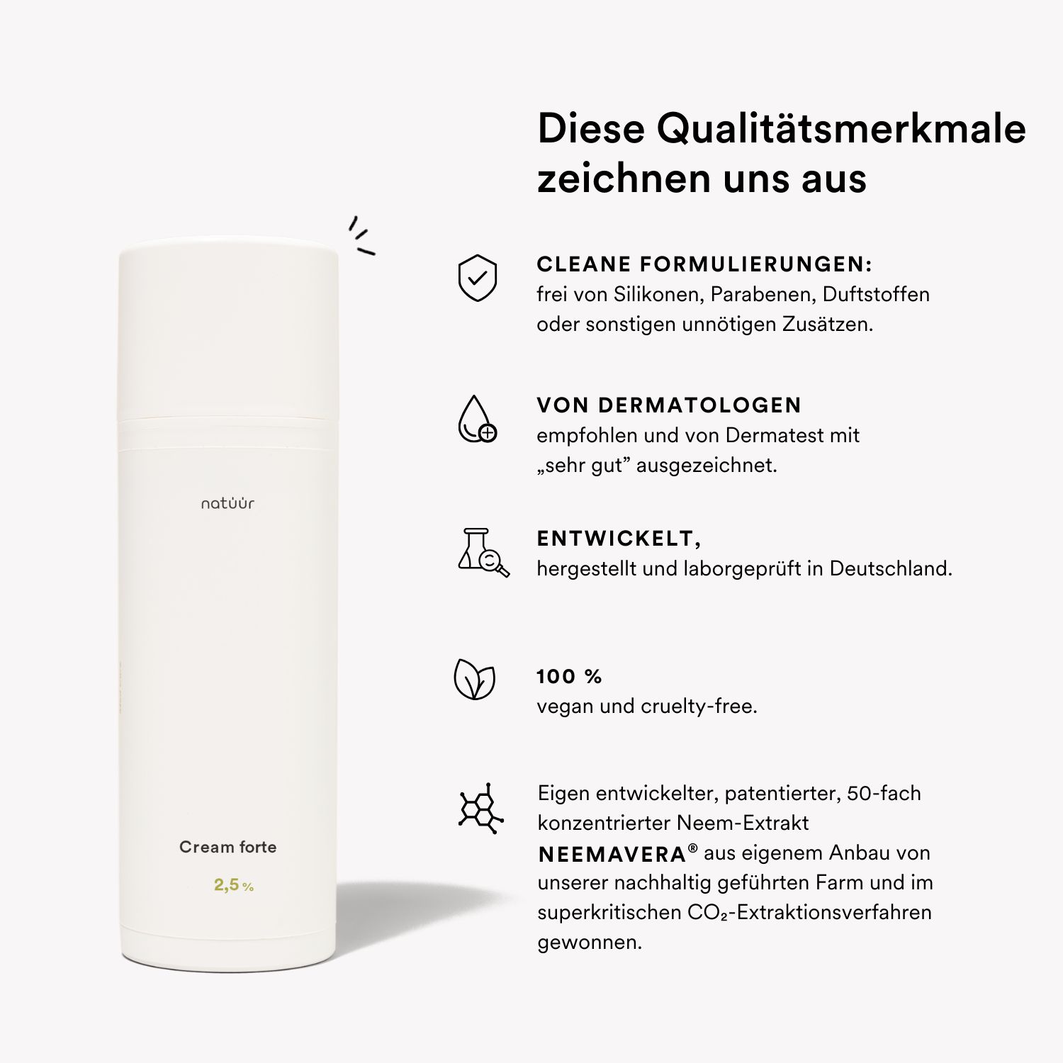Weiße Creme-Flasche mit Text: natüür Cream forte 2,5%. Text über Qualitätsmerkmale.